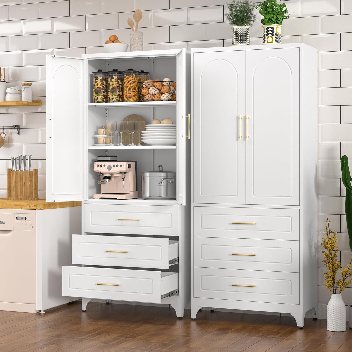 Kitchen Pantry Cabinet, 75" Tall Pantry Cabinet with Three Drawers, Freestanding Food Cupboard with Doors and Shelves, Metal Storage Cabinets for Dining, Living Room, White, Assembly Required