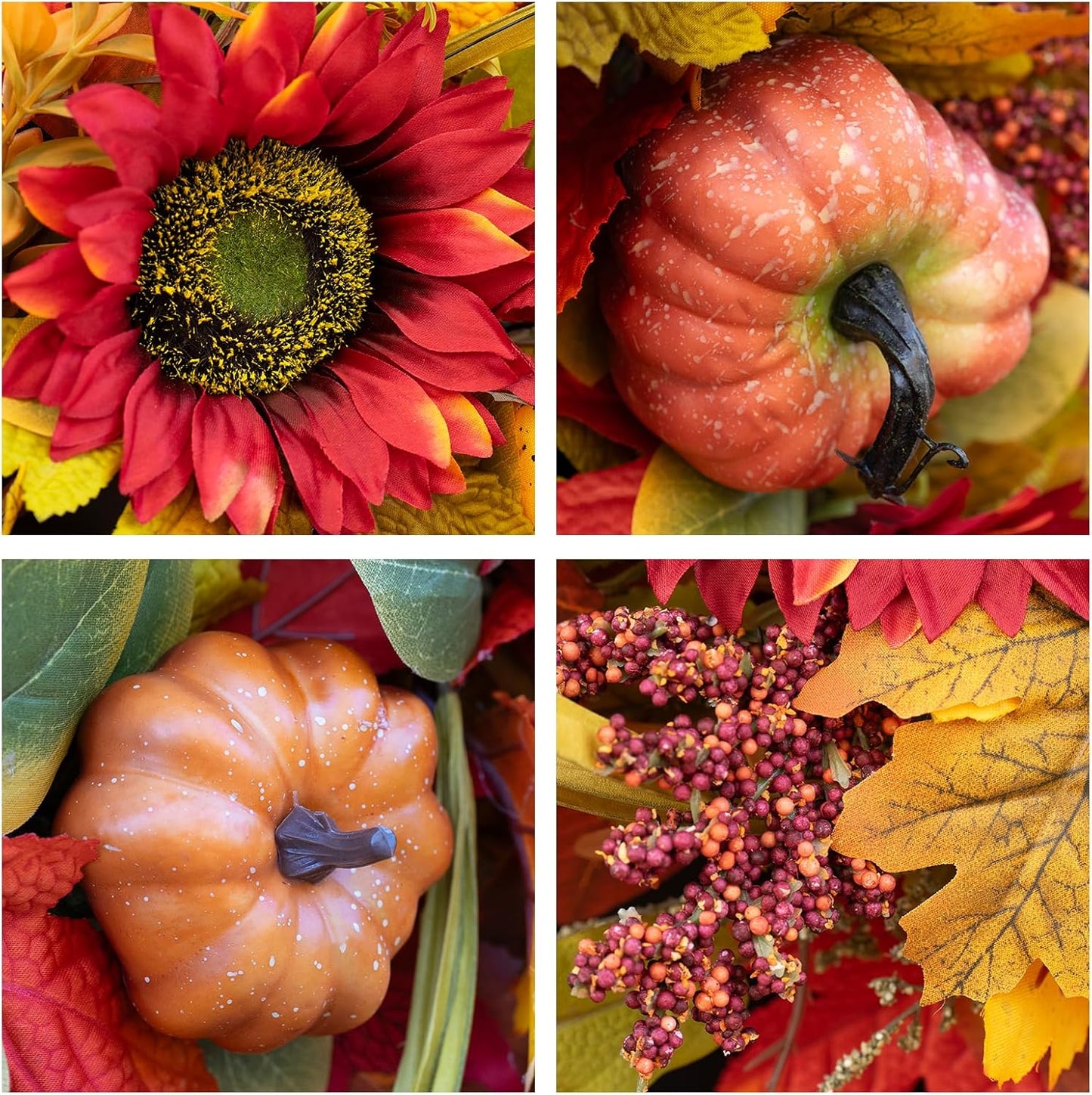 Fall Wreaths for Front Door 24 Inch- Full&Realistic Autumn Maple Leaves Wreath,Large Fall Door Wreath with Sunflower,Pumpkin,Berries for Thanksgiving Harvest Festival Decorations