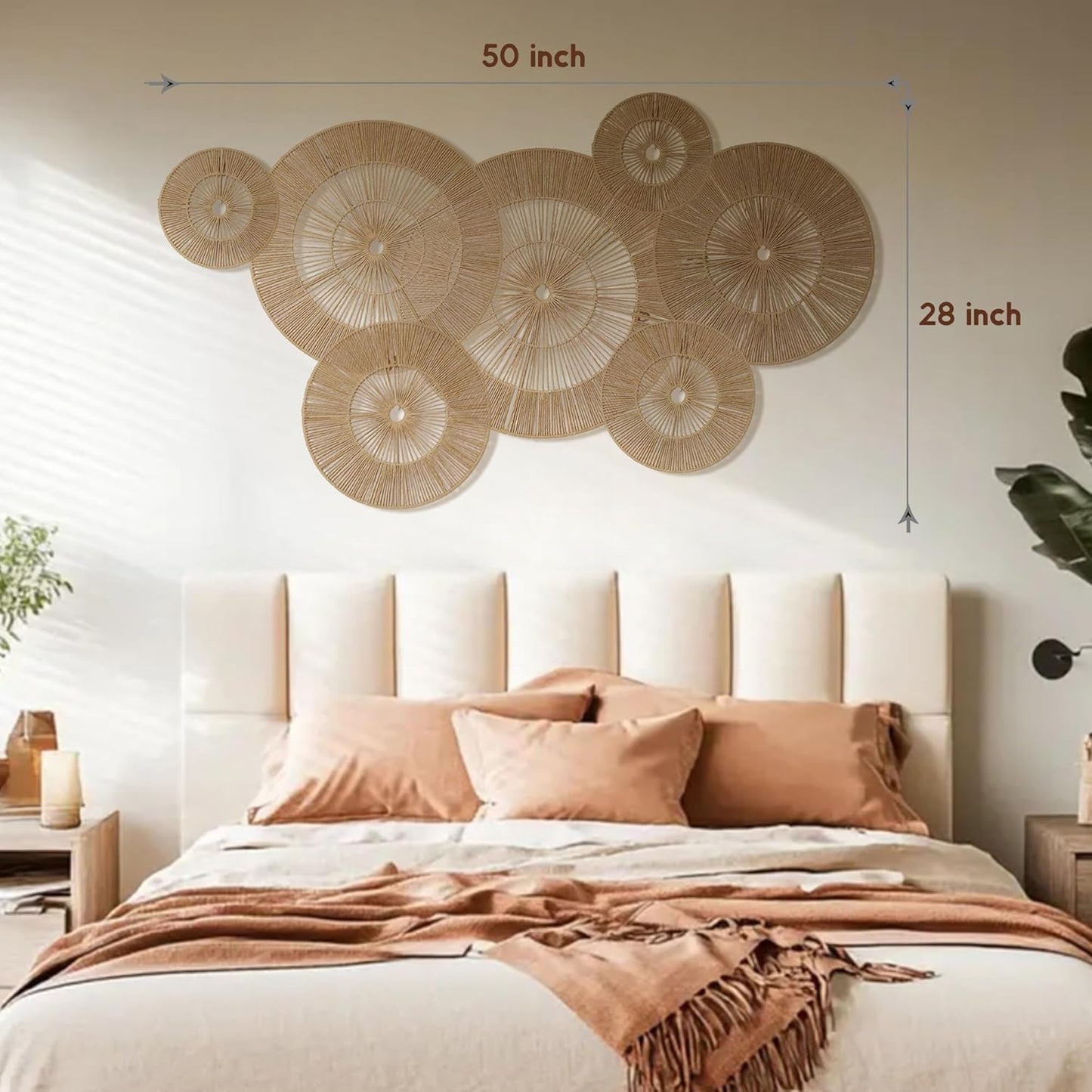 Mokof 7 Pack Boho Wall Decor Round Baskets Set (Small 7" to Largest 17") - Handwoven Large Wall Hanging Art for Bedroom, Living Room, Home Office