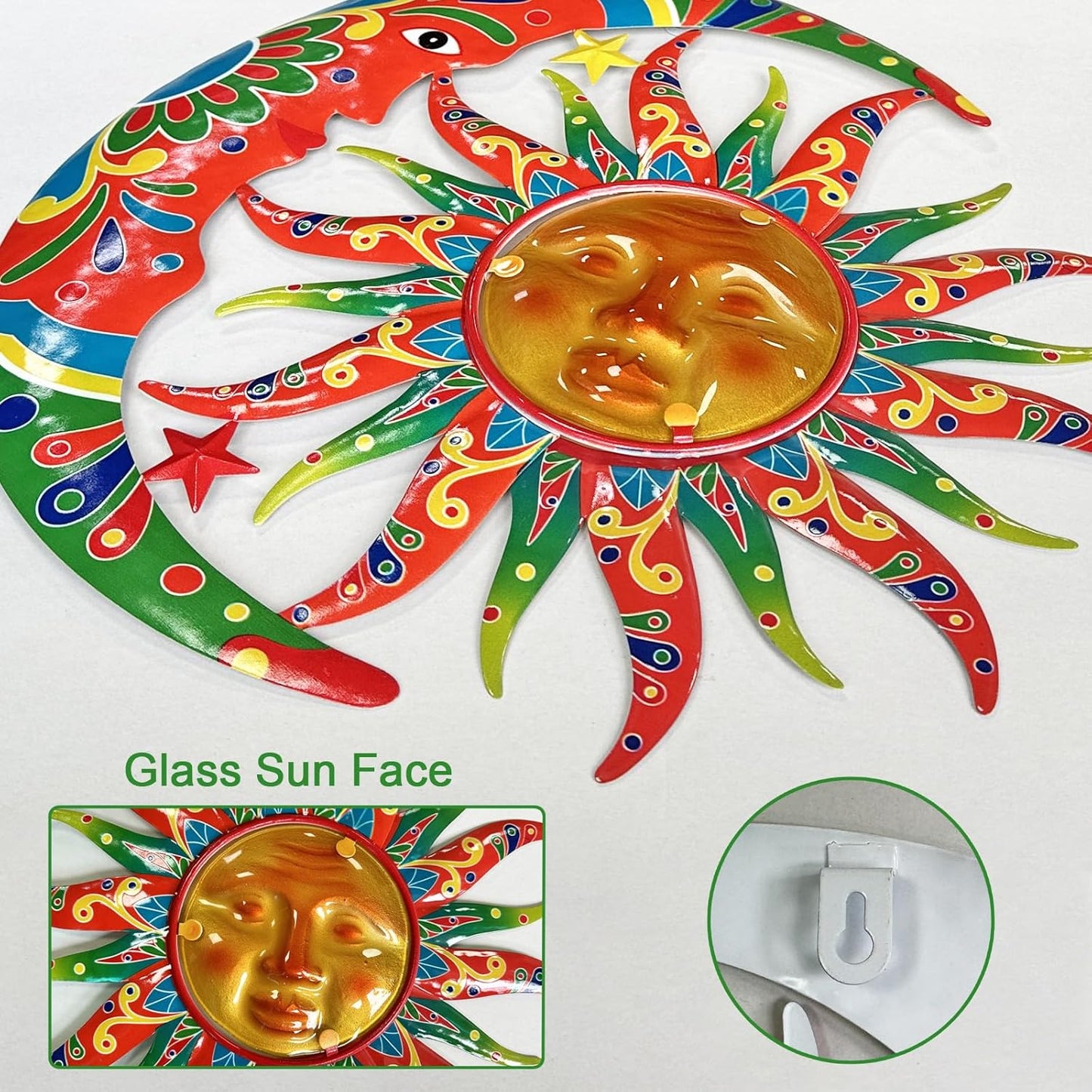 Limygus Sun and Moon Wall Decorations for Outdoor, Colorufl Metal Sun Wall Art Decor with Moon & Stars Perfect for Patio, Garden, Yard, Living Room, Bedroom