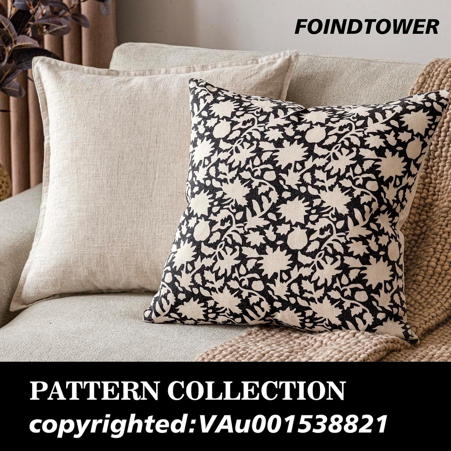 Foindtower Set of 2 Decorative Neutral Floral Throw Pillow Covers Accent Farmhouse Cushion Covers Boho Vintage Pillowcase for Couch Sofa Bedroom Living Room Home Decor Outdoor24×24 Inch,Black