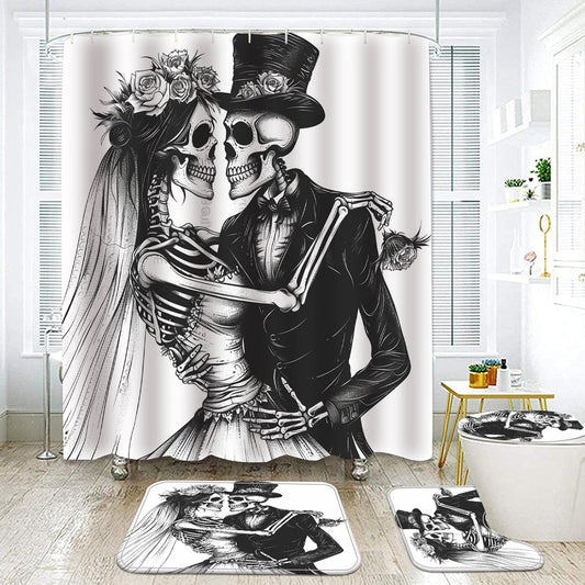 NEWSUYAA Halloween Decorations Shower Curtain Set with Non-Slip Rugs and Bath Mats,Black Skull Skeleton Bathtub Curtains with 12 Hooks,All Saints'Day (Nov 1st) Bathroom Decor