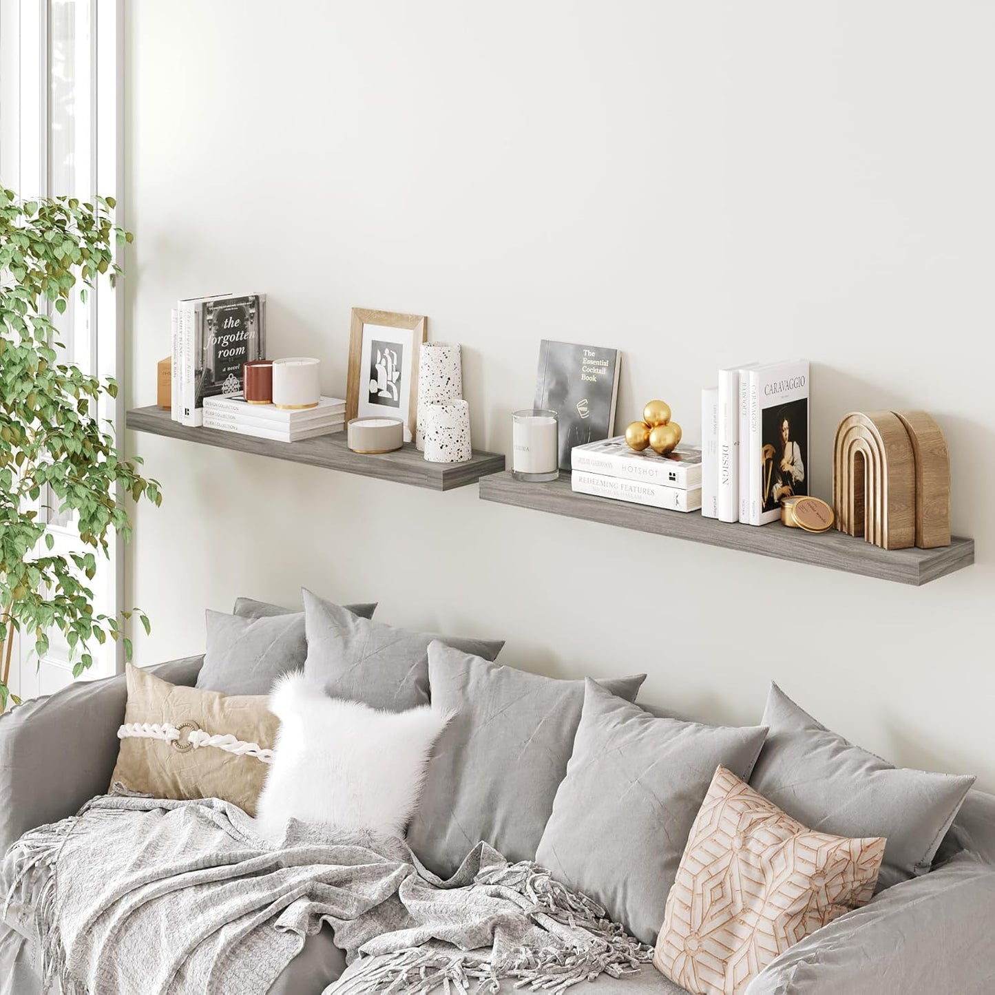 BAMEOS Floating Shelves,40 in W x 8in D Wall Mounted Wooden Shelves with Invisible Brackets Set of 2, Hanging Wall Shelves Decoration for Bedroom, Bathroom, Living Room and Kitchen