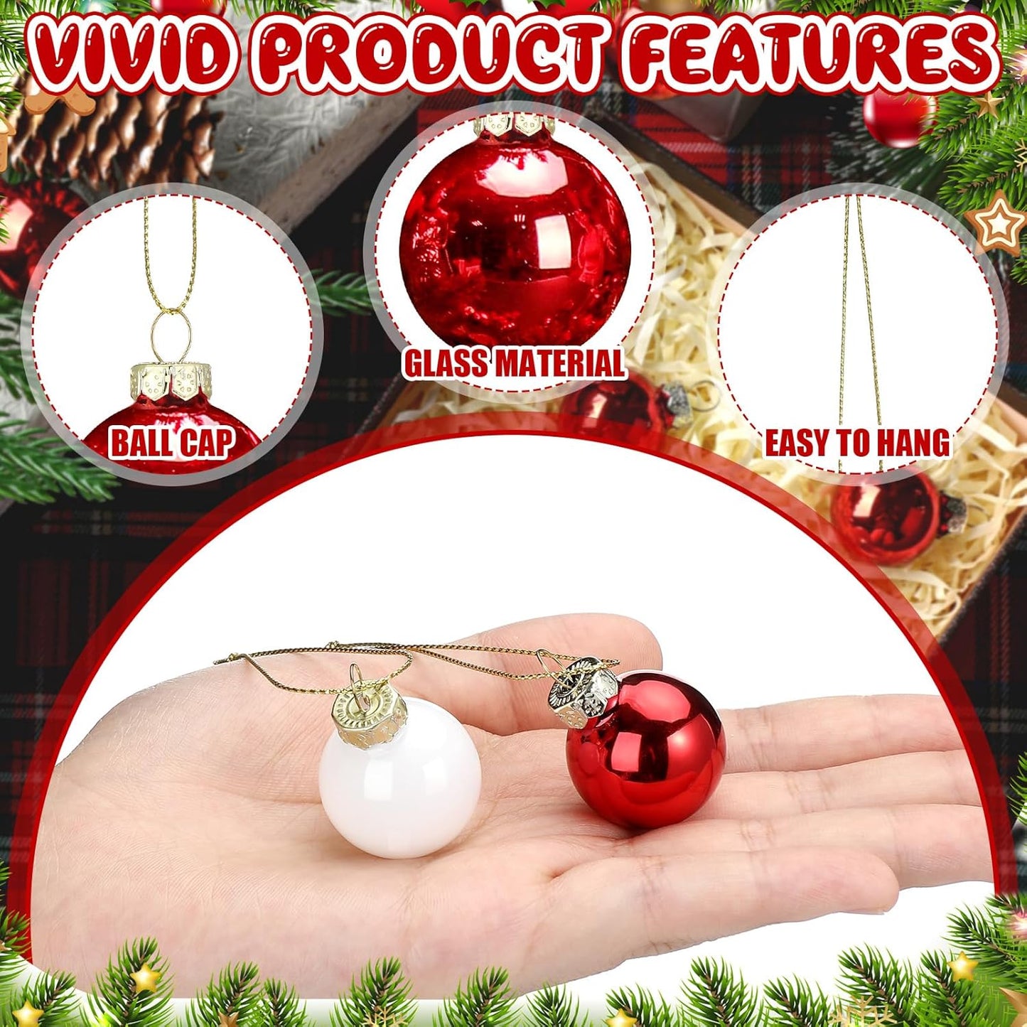 Tioncy 32 Pcs 1 Inch Mini Glass Christmas Ornaments Balls Shiny Christmas Balls Tiny Tree Hanging Decoration Small Colorful Ball Pendant for Xmas Party Supplies(Red, White)