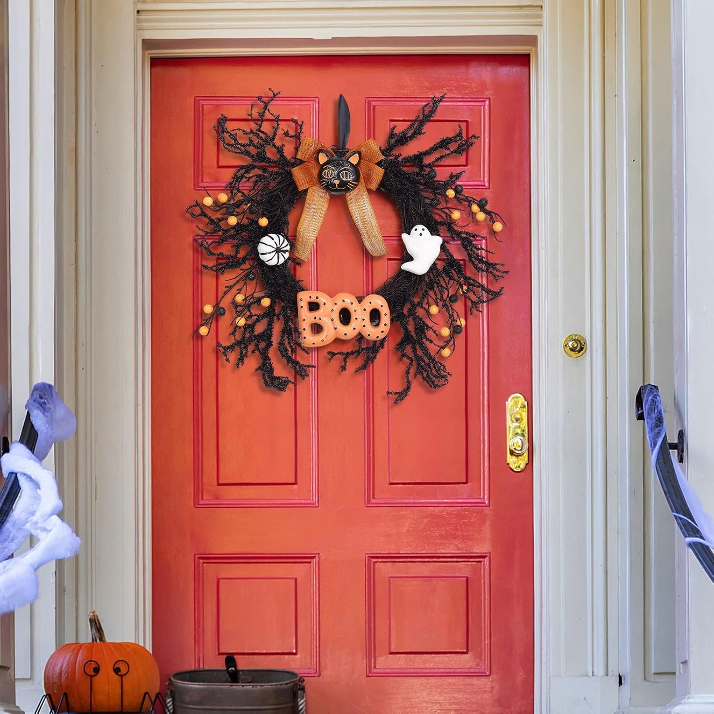 Adeeing Halloween Wreaths for Front Door, 18Inch Halloween Wreath with Black Cat Boo Sign White Pumpkin and Ghost for Indoor Outdoor Window Proch Halloween Decoration