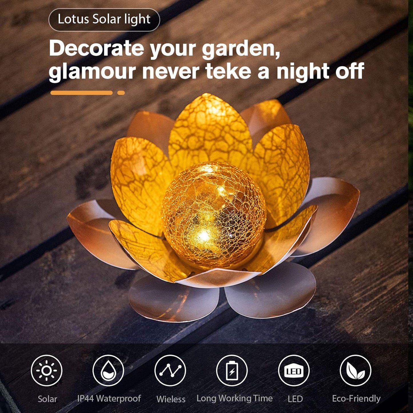 Garden Solar Lights Outdoor(2Pack) , Amber Crackle Globe Glass Lotus Decoration , Waterproof Orange Metal LED Flower Lights for Patio,Lawn,Walkway,Tabletop,Ground, Garden Gifts for Women