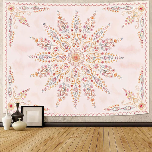 Fowocu Boho Floral Mandala Tapestry for Bedroom Aesthetic Pink Bohemian Flower Wall Tapestry Watercolor Hippie Indian Large Tapestries Wall Hanging for Living Room Dorm Decor 80 x 60 Inch