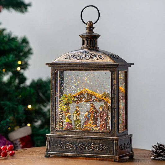 Christmas Snow Globe Glittering Nativity Scene with Music & Timer, USB Lined/Battery Operated Lighted Water Lantern for Christmas Festival Decoration Gifts