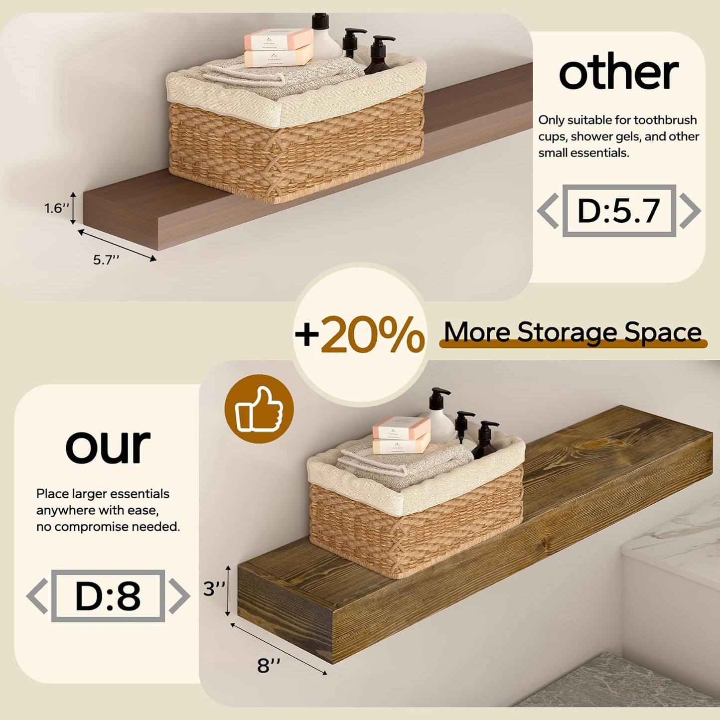 Floating Shelves 3 inch Thick for Wall Set of 2,Solid Pine Wood Wall Mount Shelf for Kitchen Living Room Bedroom Bathroom,8" D x 48" L x 3" H-Black Walnut