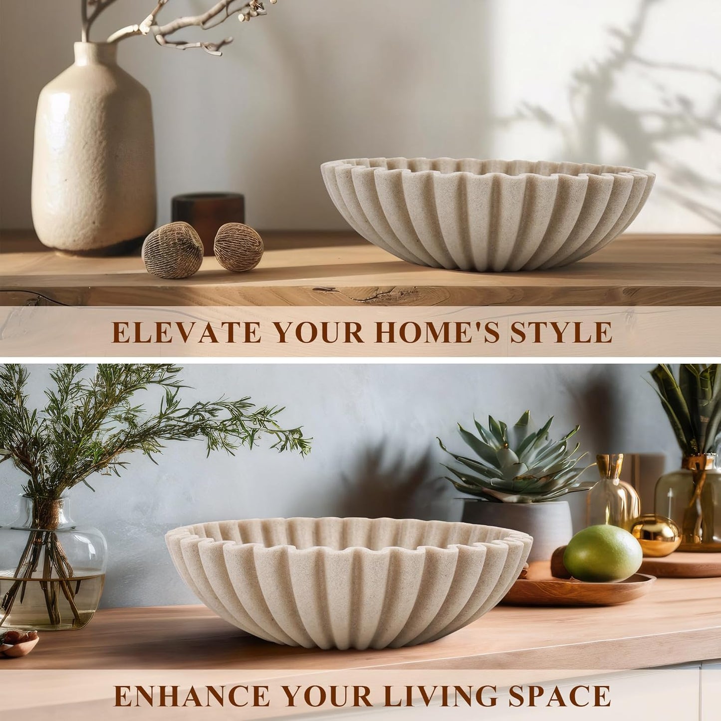 Large Decorative Bowl, Modern Handicraft Bowls for Home Decor, Decorative Fruit Bowl for Kitchen Counter, Ruffle Decor, Stylish Key Bowl for Entry Table, Artificial Stone Beige