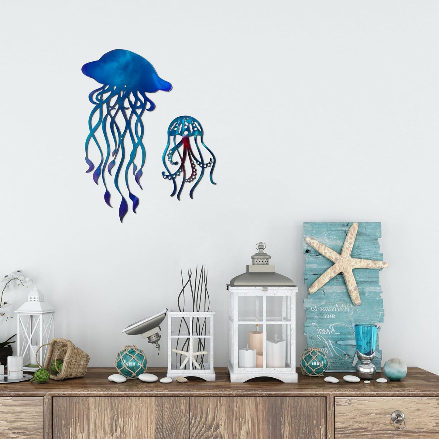 noxozoqm Metal Jellyfish Wall Decor (2 in 1), Ocean Themed Jellyfish Bathroom Decorations, Colorful Ocean Room Decor, Coastal Metal Fish Wall Decor for Beach Bath House,Bathroom,Pool and Bedroom