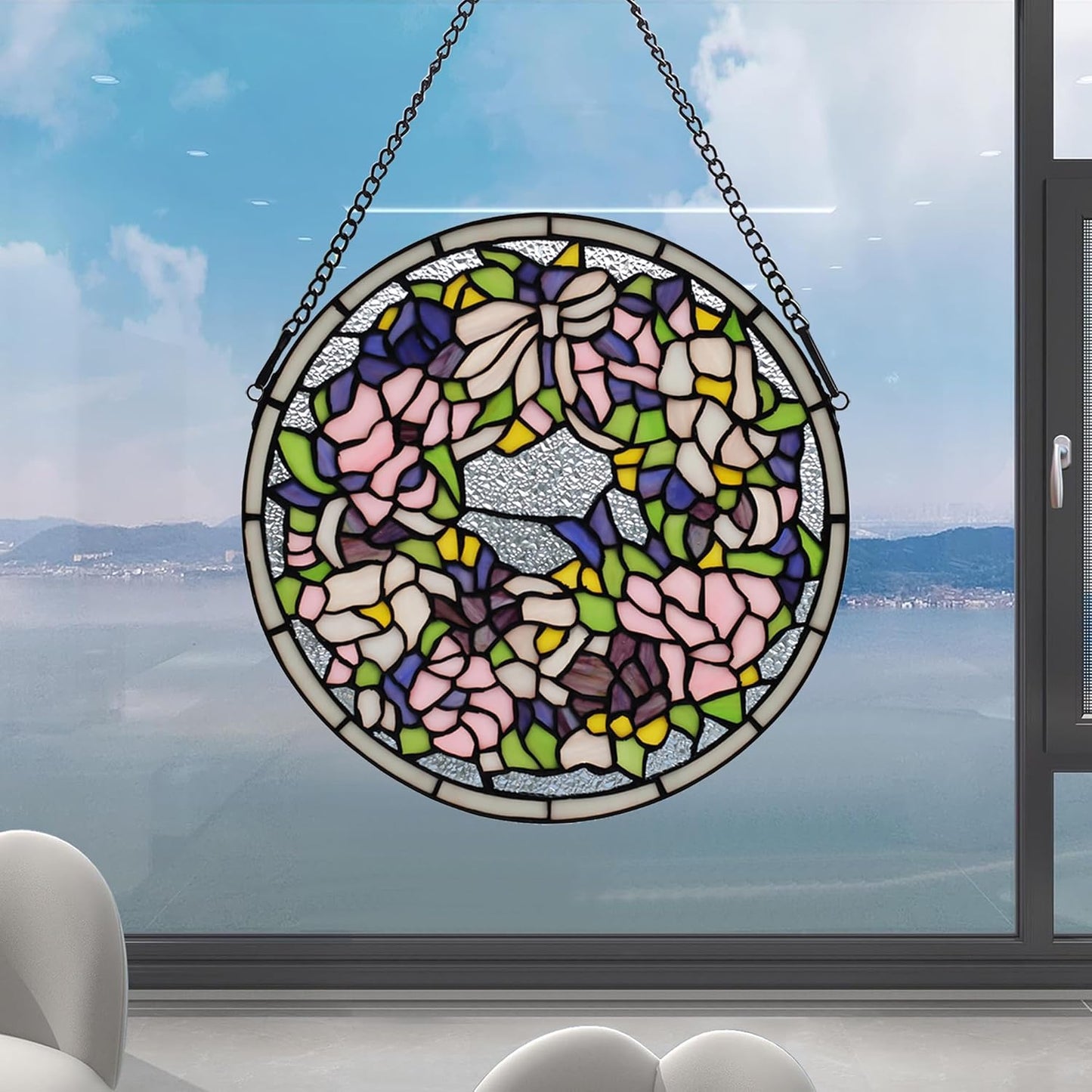 Handcrafted Stained Glass Window Panel - 12-Inch Round Floral Design with Vibrant Colors, Elegant Decorative Hanging Art for Home Décor, Includes 20-Inch Chain & Hook (Pink Iris)