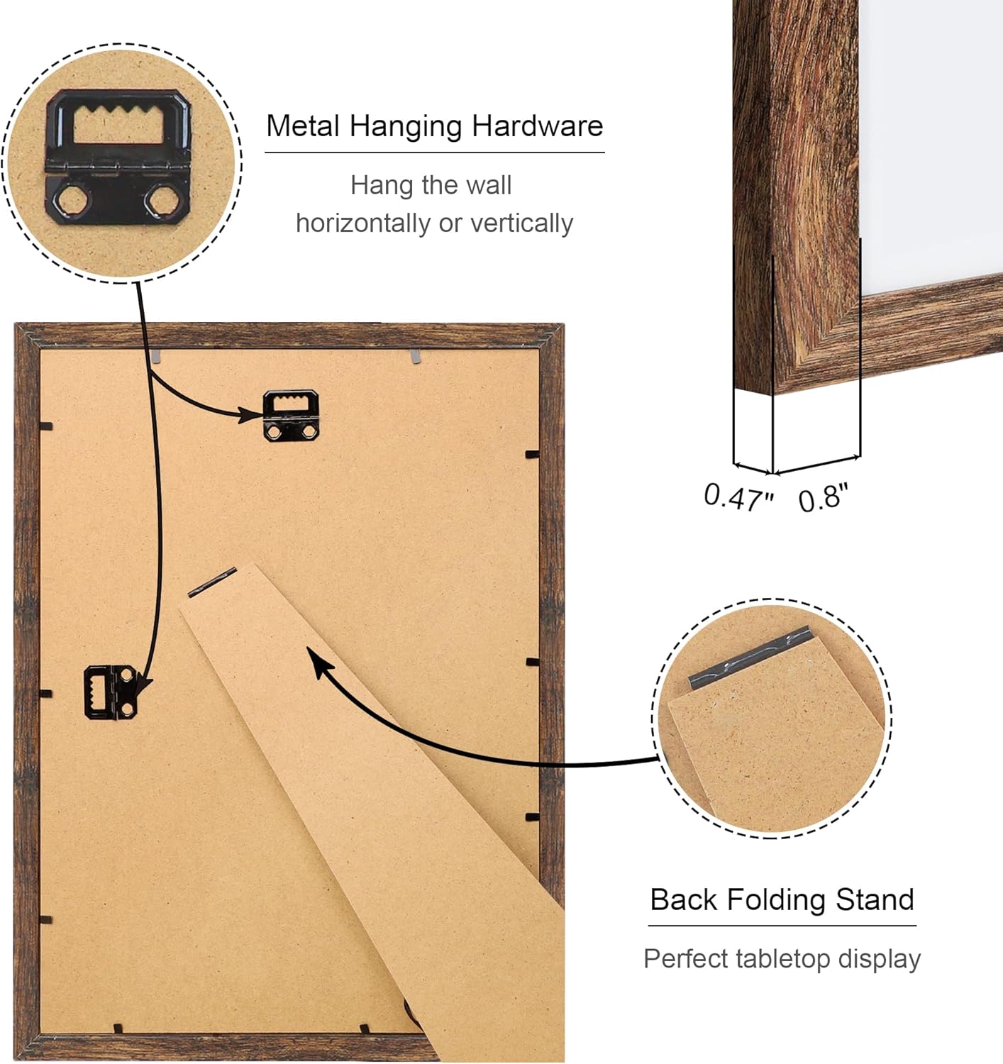 10x14 Picture Frame Set of 4, 10 x 14 Wood Photo Frames with Mat for 8x12 or 30x40cm Diamond Painting Art, Wooden Frame with Real Glass Cover for Wall and Tabletop Display,Rustic Brown