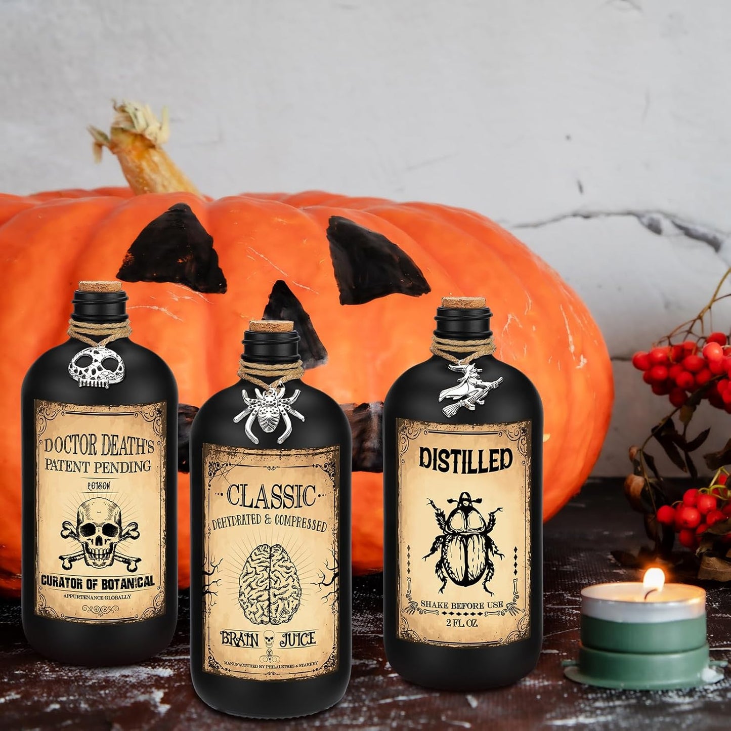 Uiifan 31 Pcs Halloween Potion Bottles Set Including Glass Apothecary Bottles with Cork Stickers and Pendants Halloween Decorations Indoor Party Supplies(Black,16 oz)