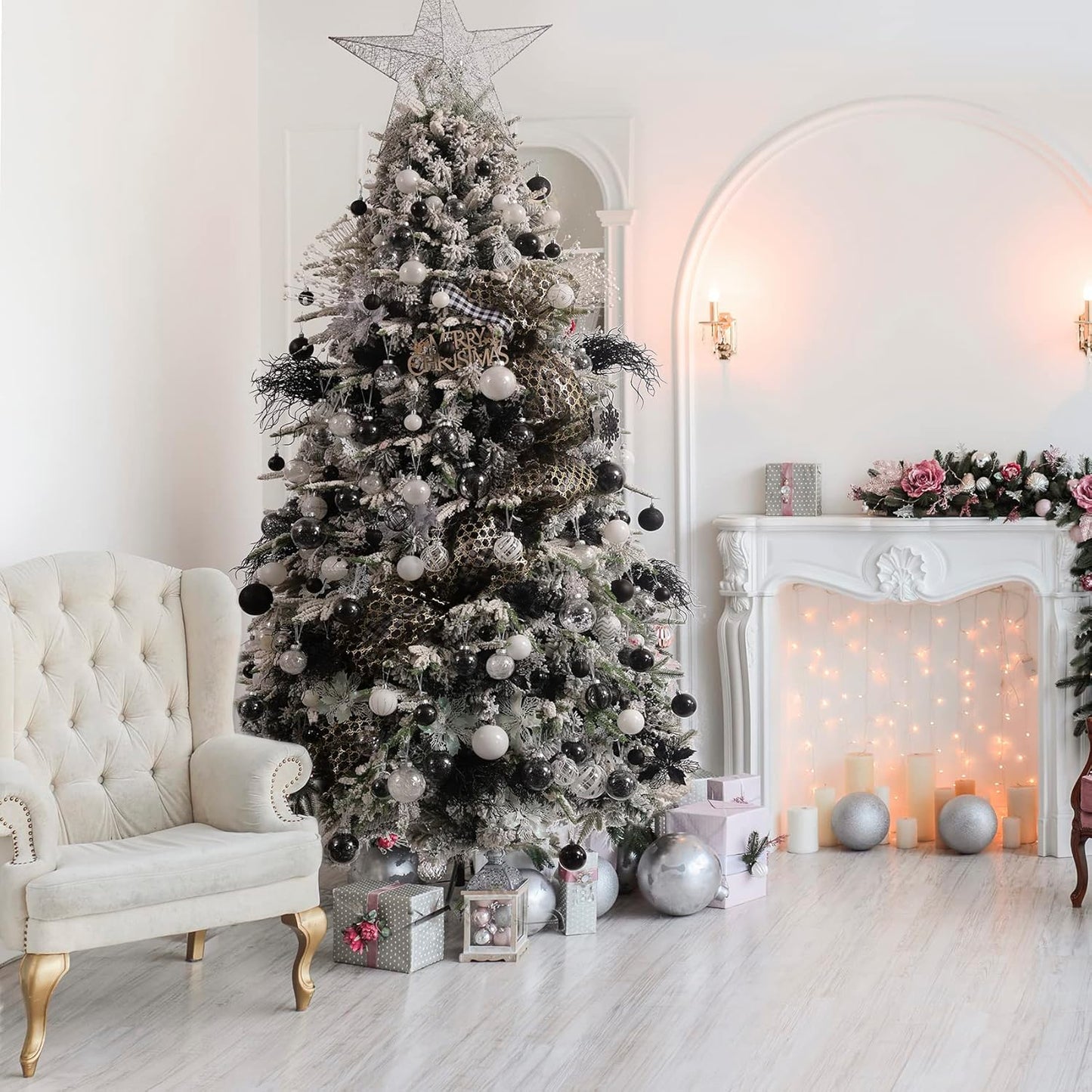 Clear Christmas Ball Ornaments,24ct Shatterproof Plastic Decorative Christmas Ornaments Hanging Xmas Tree Baubles Set with Stuffed Delicate Glittering Decorations for Holiday Party Home Decor(Black)