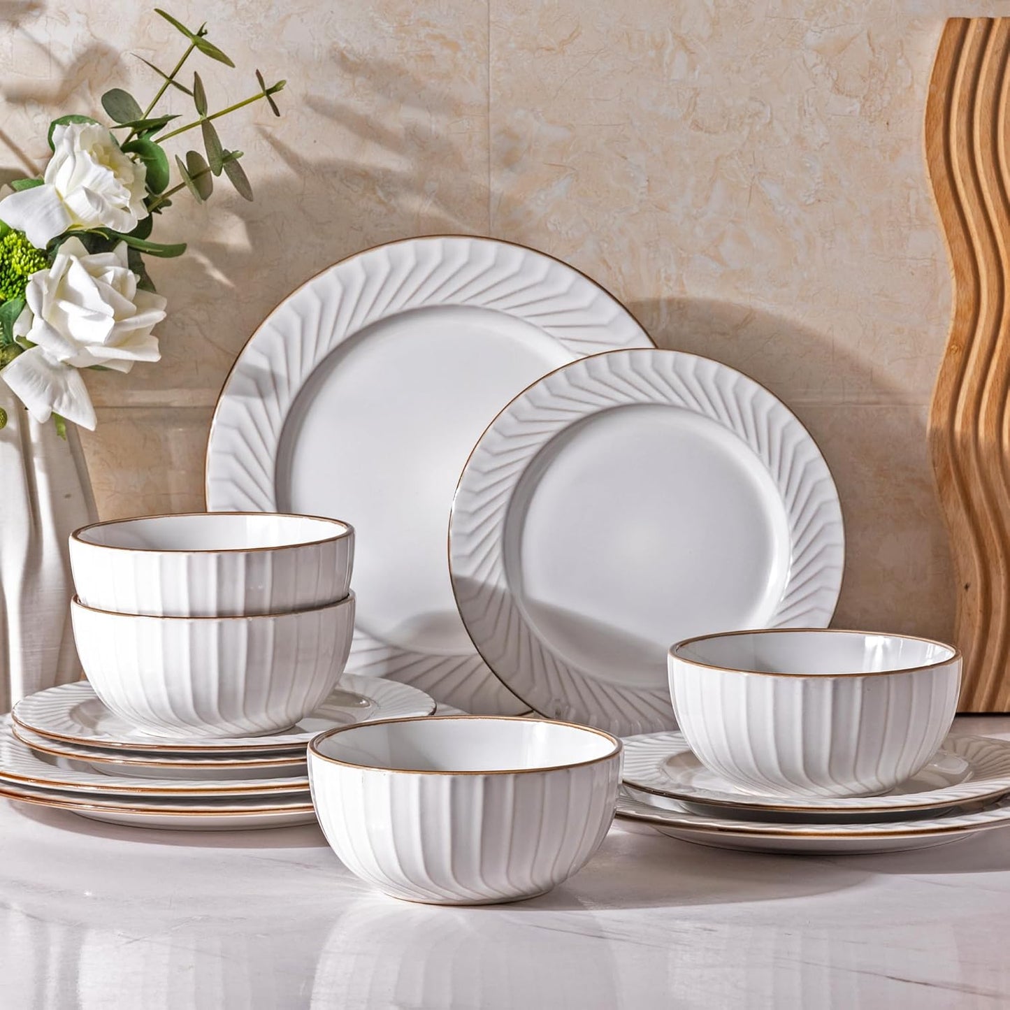 GBHOME Ceramic Dinnerware Sets,12 pcs Embossed Elegant Stoneware Plates and Bowls Sets, Housewarming Wedding Gift | Dishwasher & Microwave Safe | Dishes Set Service for 4