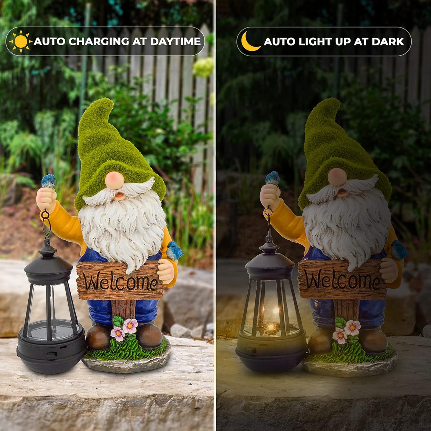 Garden Gnomes Outdoor - Flocked Gnome Statue Holding Lantern with Solar LED Lights | Gnomes Garden Decorations for Patio, Yard, Lawn Ornaments - Gnome Gifts