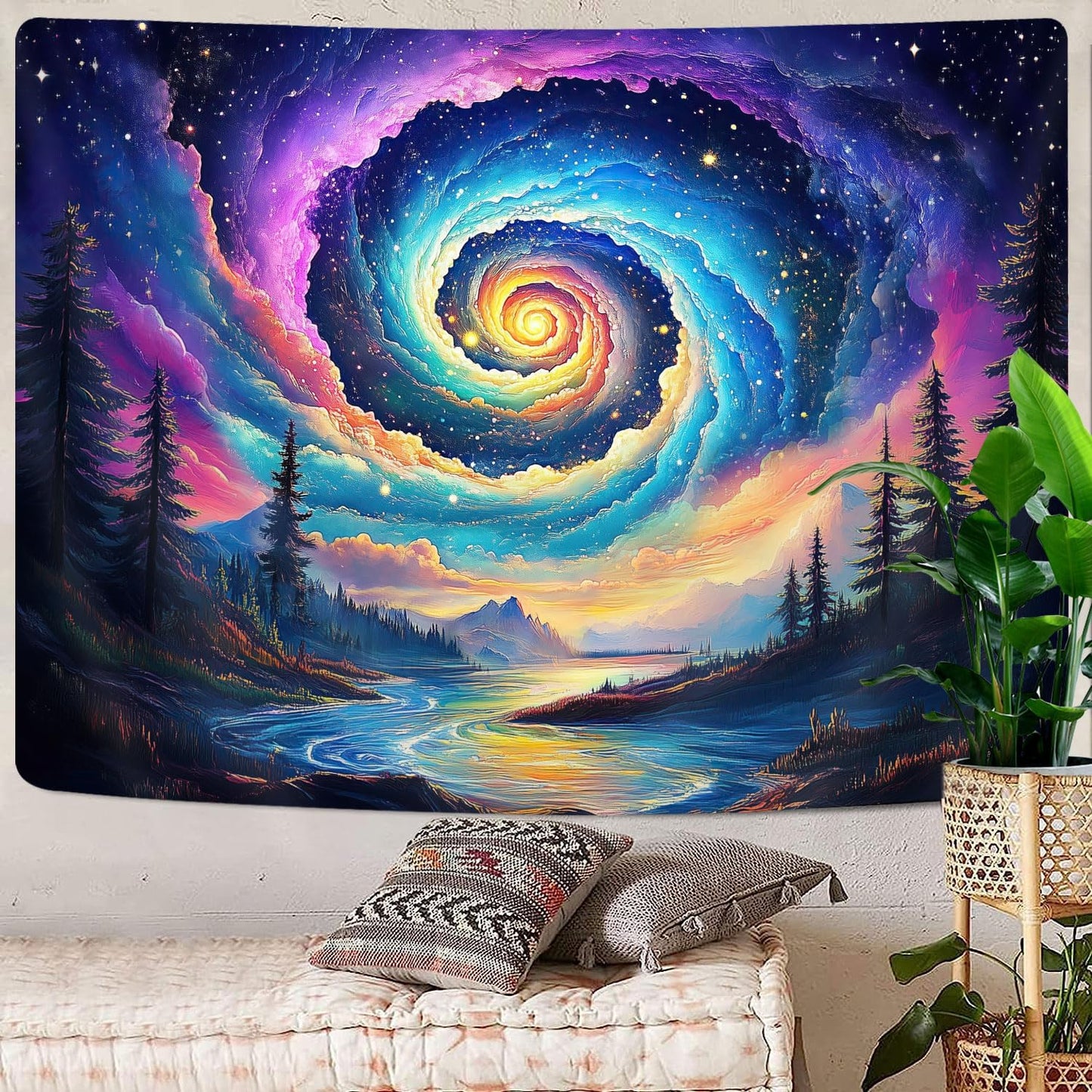 Galaxy Space Tapestry, Cool Colorful Trippy Forest Mountain River Aesthetic Tapestries, Psychedelic Starry Sky Swirls Misty Fantasy Landscape Tapestry Wall Hanging College Bedroom for Guys Men 60X40