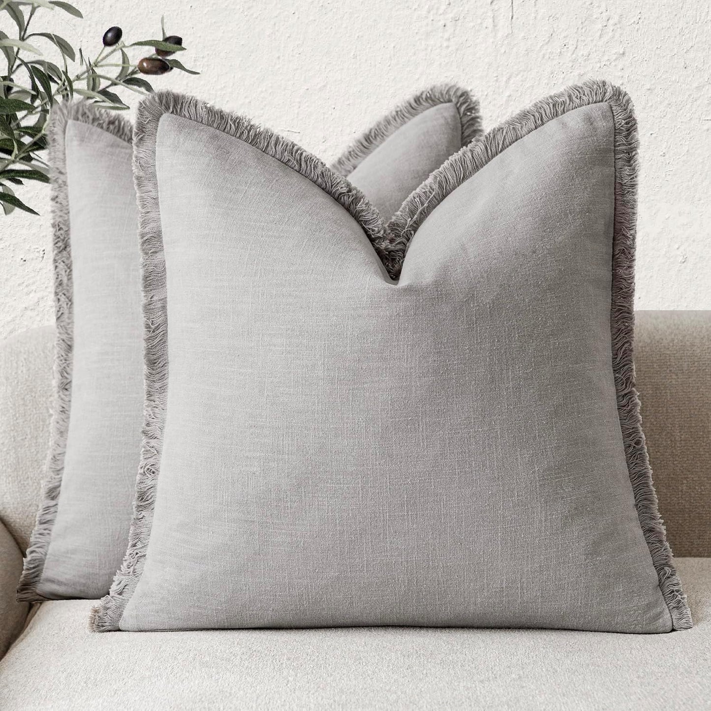 Foindtower Set of 2 Decorative Linen Fringe Throw Pillow Covers Cozy Farmhouse Cushion Cover with Tassels Accent Pillowcase for Couch Chair Sofa Bed Living Room Home Decor,24×24 Inch,Light Rustic Gray