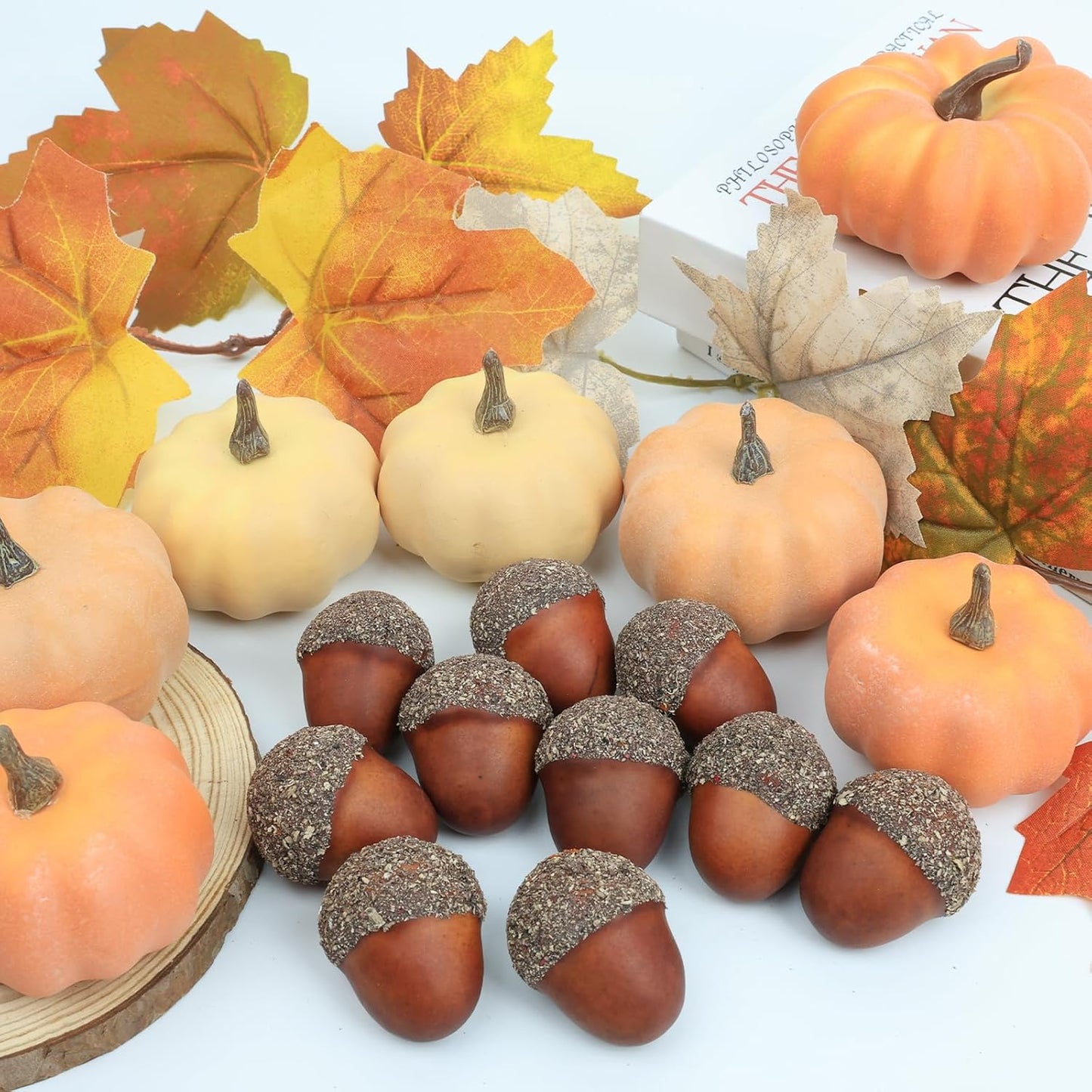 21Pcs Fake Pumpkins Fall Thanksgiving Decorations,Plastic Pumpkins with Acorns,Maple Leaves,Artificial Mini Pumpkin Decorating Autumn Harvest Outdoor Indoor Home Decor Centerpiece Table Decorations