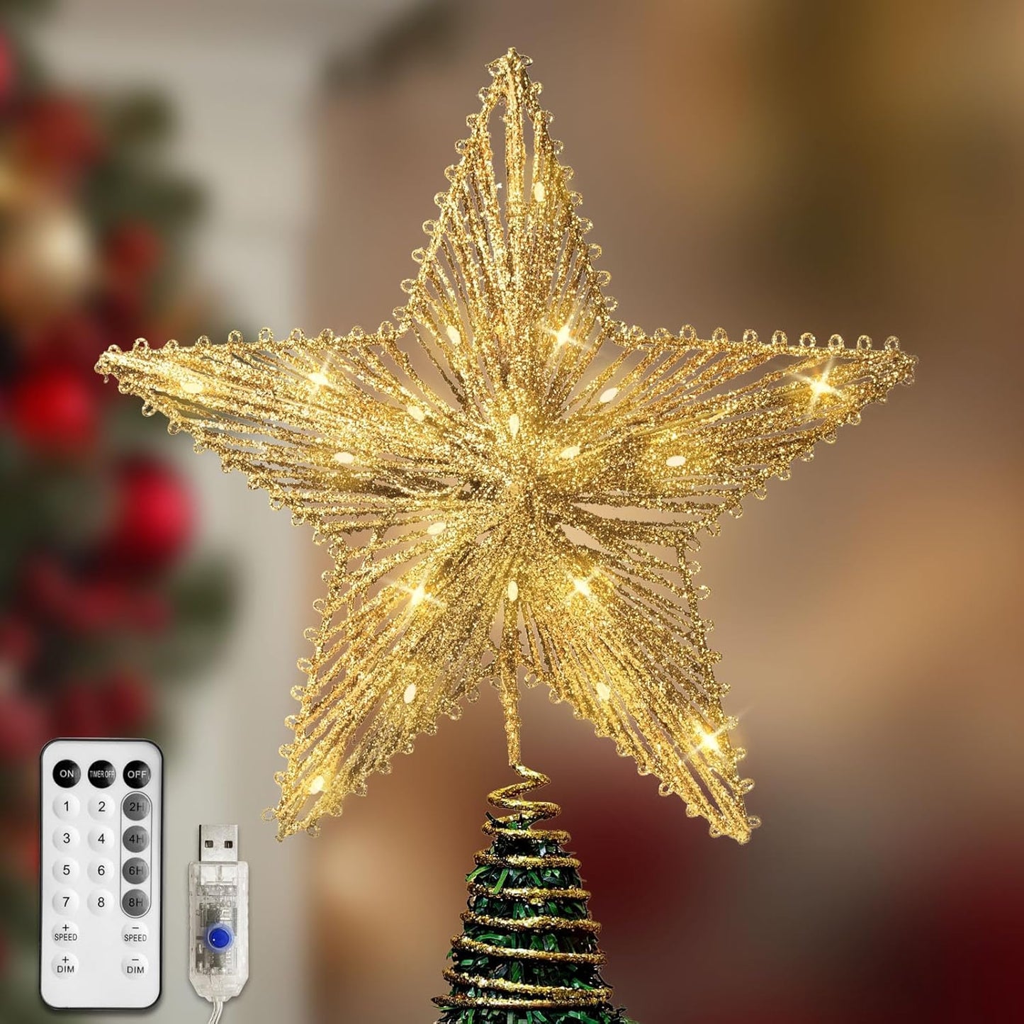 Gold Christmas Tree Topper Star with 50 Warm LED Lights 8 Lighting Modes Timer, Tradition Glitter Star Tree Topper for Christmas Tree Decorations and Xmas Holiday Seasonal Decor