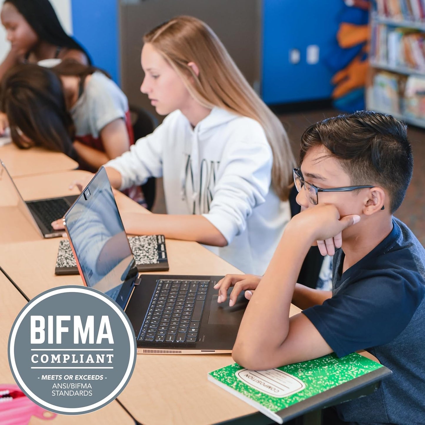 FDP Rectangle (36 x 60 inch) Classroom Table with Adjustable Chunky Toddler Legs (15-24 in); Preschool, Kinder and Daycare Furniture - Pasadena Oak Top/Navy Edge and Legs