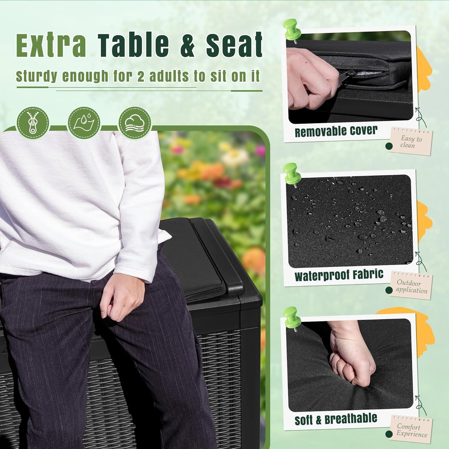 Greesum 100 Gallon Resin Deck Box Large Outdoor Storage with Cushions for Patio Furniture, Garden Tools, Pool Supplies, Weatherproof and UV Resistant, Lockable, Black