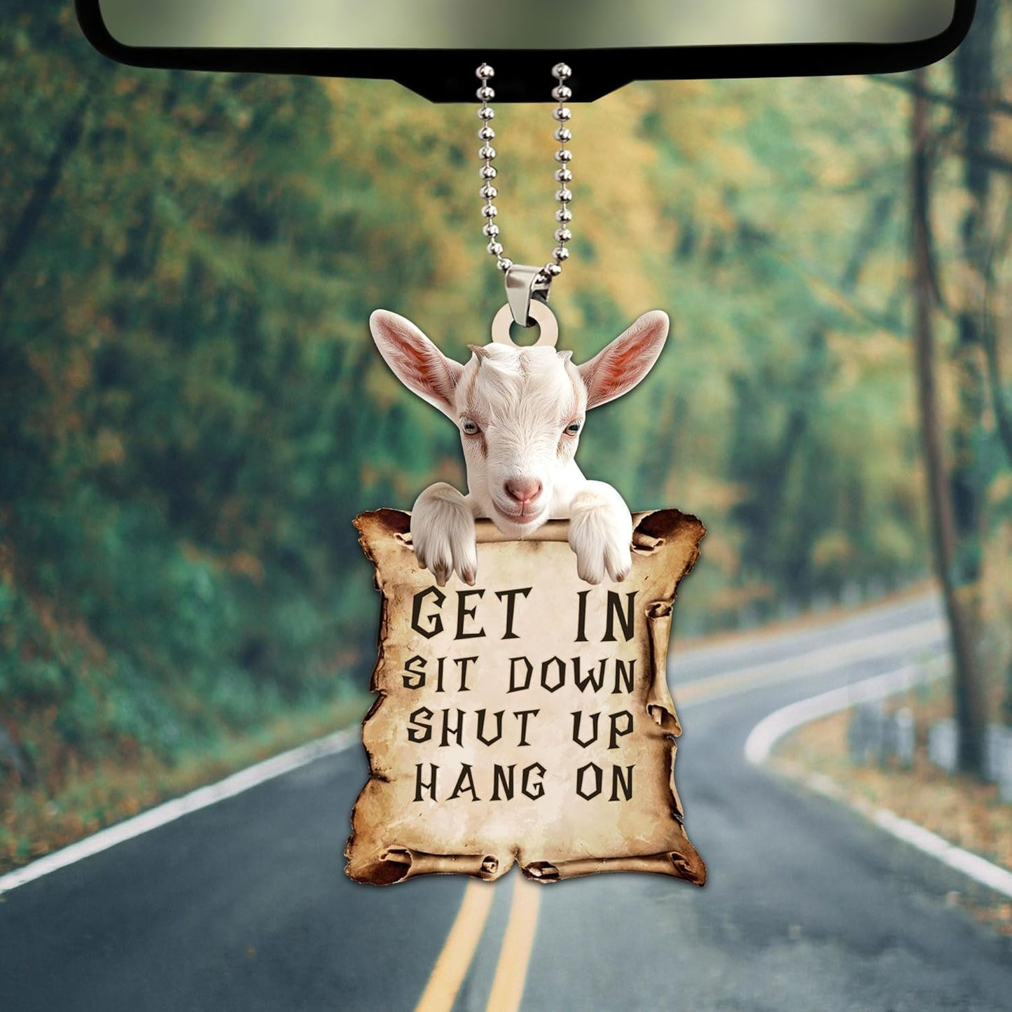 Talataca Goat Get in Sit Down Shut Up Hang On Funny Animal 2D Flat Car Rear View Mirror Accessories Christmas Tree Ornament Decoration Hanging Charm Interior Rearview Pendant Decor Gift
