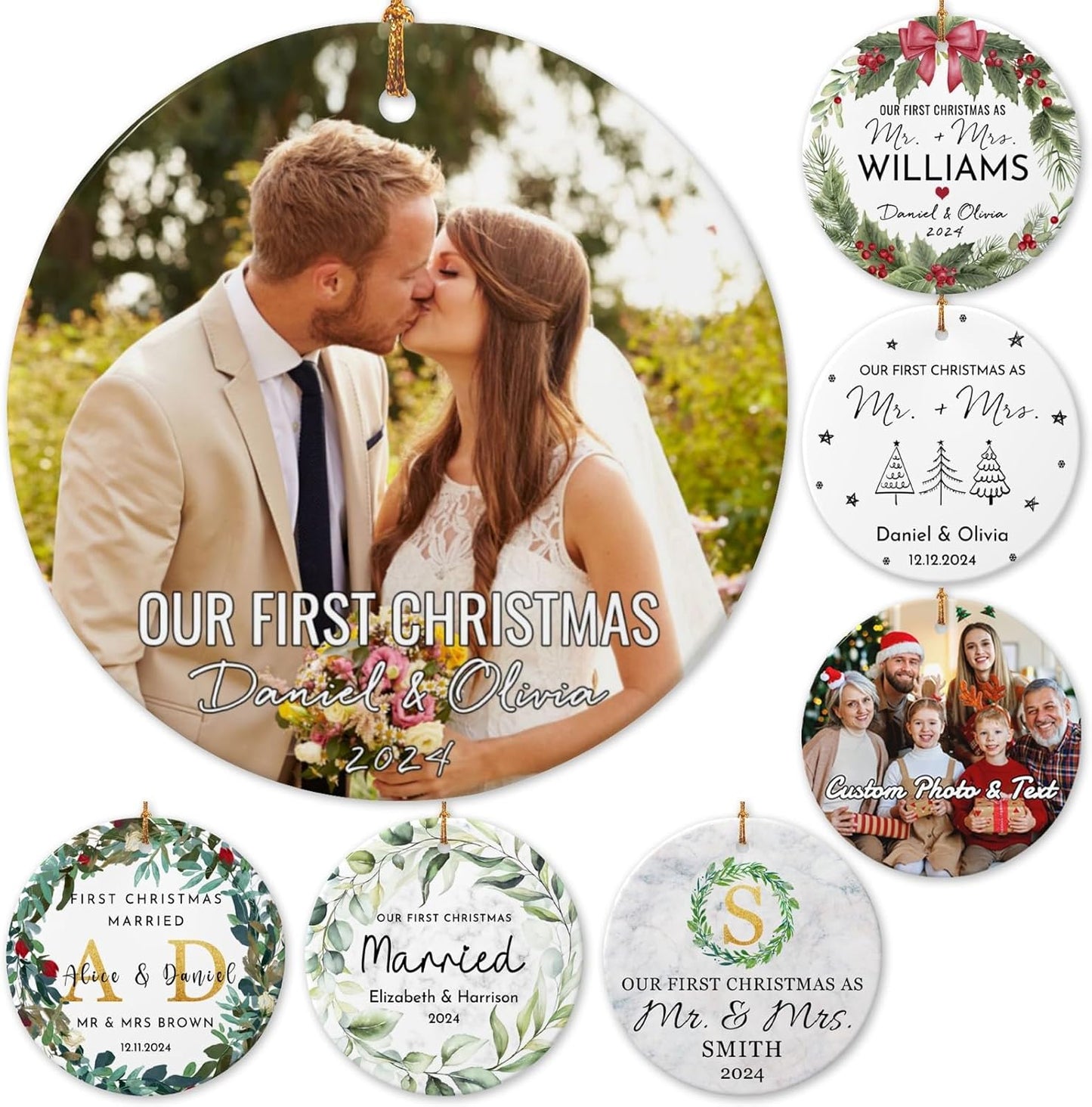 Personalized First Christmas Married Ornament 2025 Custom Mr and Mrs Wedding Christmas Ornaments with Photo Name for Couples,Double-Sided Ceramic Customized Engagement Ornament