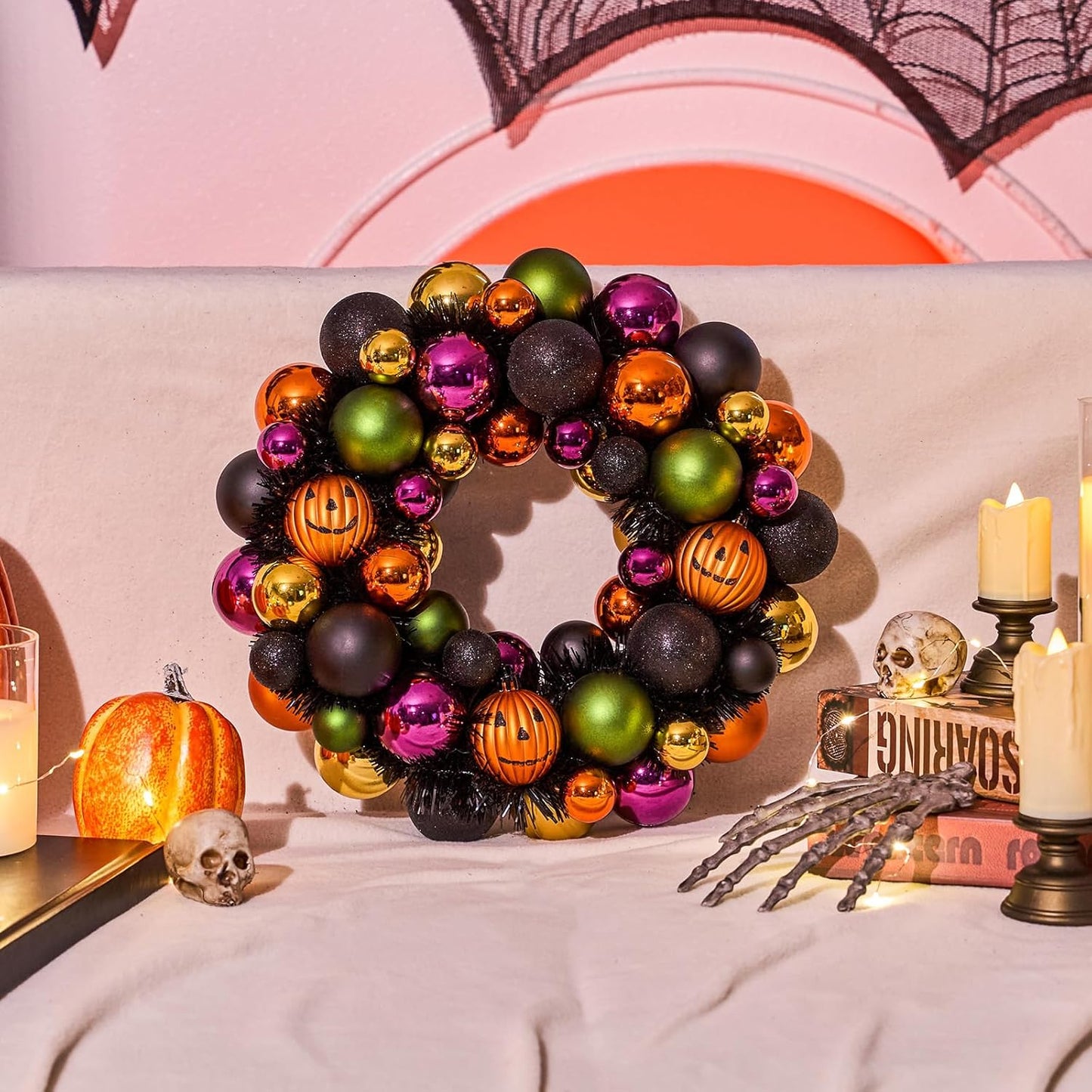 JORNOY 13inch Small Halloween Ball Wreath with Ghost&Pumpkin Accents - Seasonal Orange/Black Wall Hanging, Front Door, Mantel, Porch Decor for Home