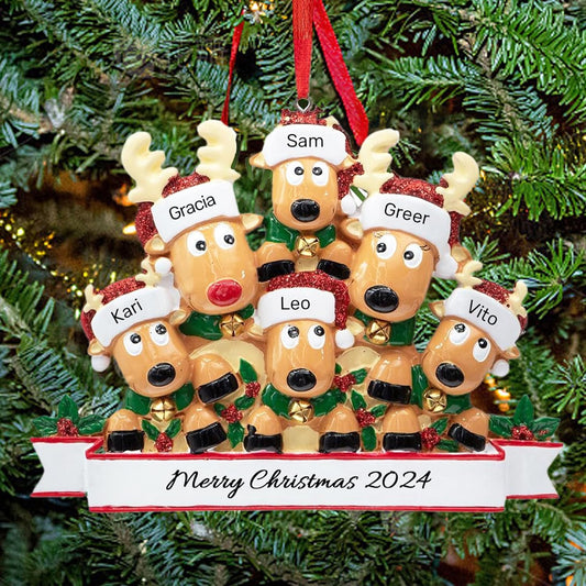 Personalized Christmas Ornaments 2025, Custom Reindeer Family Ornaments for Trees with Names, Handcrafted Christmas Deer Decorations for 2-8 Members, Meaningful Xmas Family of 6