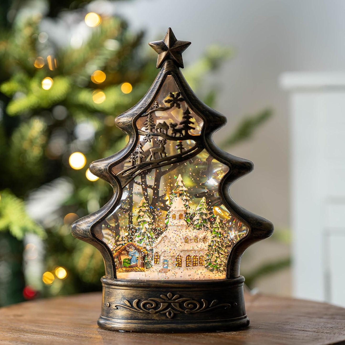Musical Snow Globe Christmas Tree Lantern Lighted Church with Nativity Manger Scene Water Lantern in Swirling Glitter, Christmas Home Decoration and Gift, Battery Operated or USB Powered