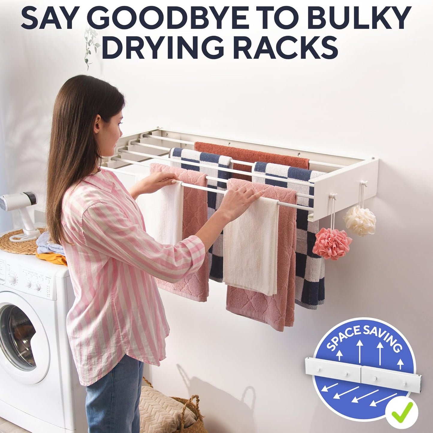 Foldable Wall Mounted Drying Rack 28 inch - Easy to Install Hanging Rack for Laundry Room - Space Saving Design with 55-lb Capacity - Perfect Drying Racks for Clothes Towels & More