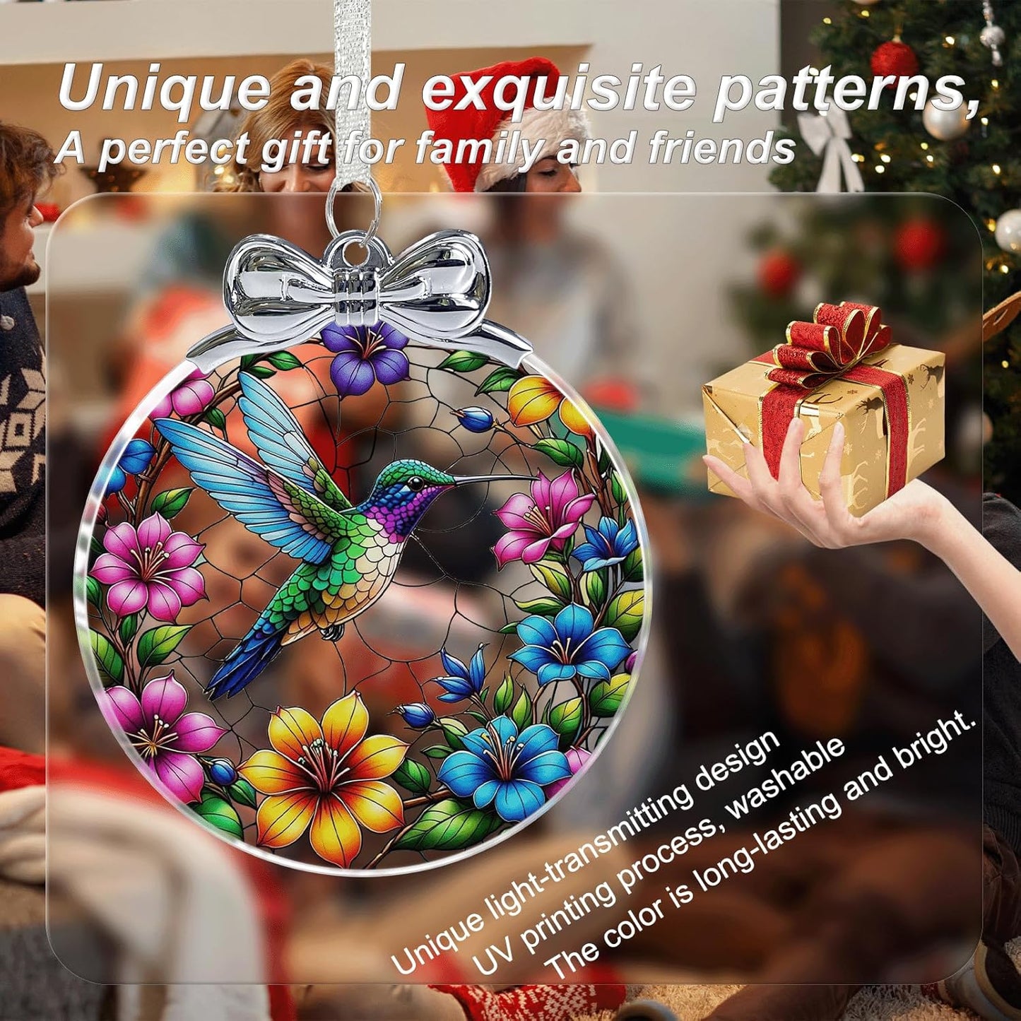 Hummingbird Stained Glass Christmas Ornament - Hanging Ornaments for Christmas Tree Decorations -Holiday Keepsake Present Exchange Idea