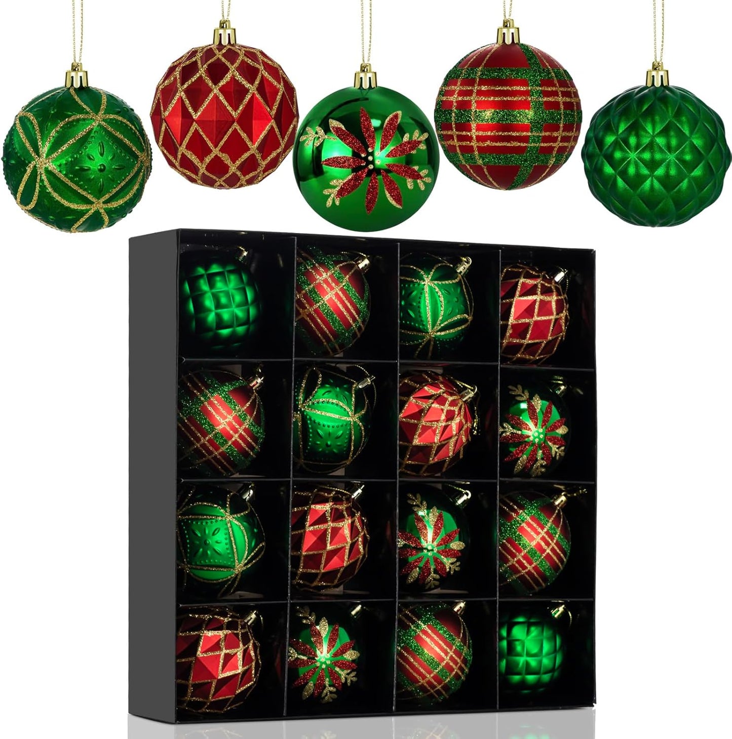 LARAINE Christmas Balls Ornaments 16 Pcs Decorations for Christmas Tree, Shatterproof Hanging Ball Variety Gift Set of Holiday Party Wedding Decoration (Green Red)