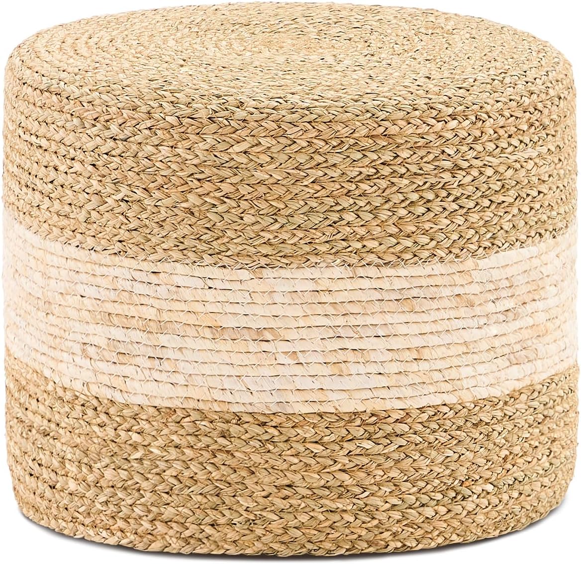 Handwoven Seagrass Ottoman Pouf, Round Outdoor Footstool with Sturdy Frame, No Assembly Needed, Boho Accent Stool for Indoor & Outdoor Use – Patio, Balcony, Living Room (Seagrass White)