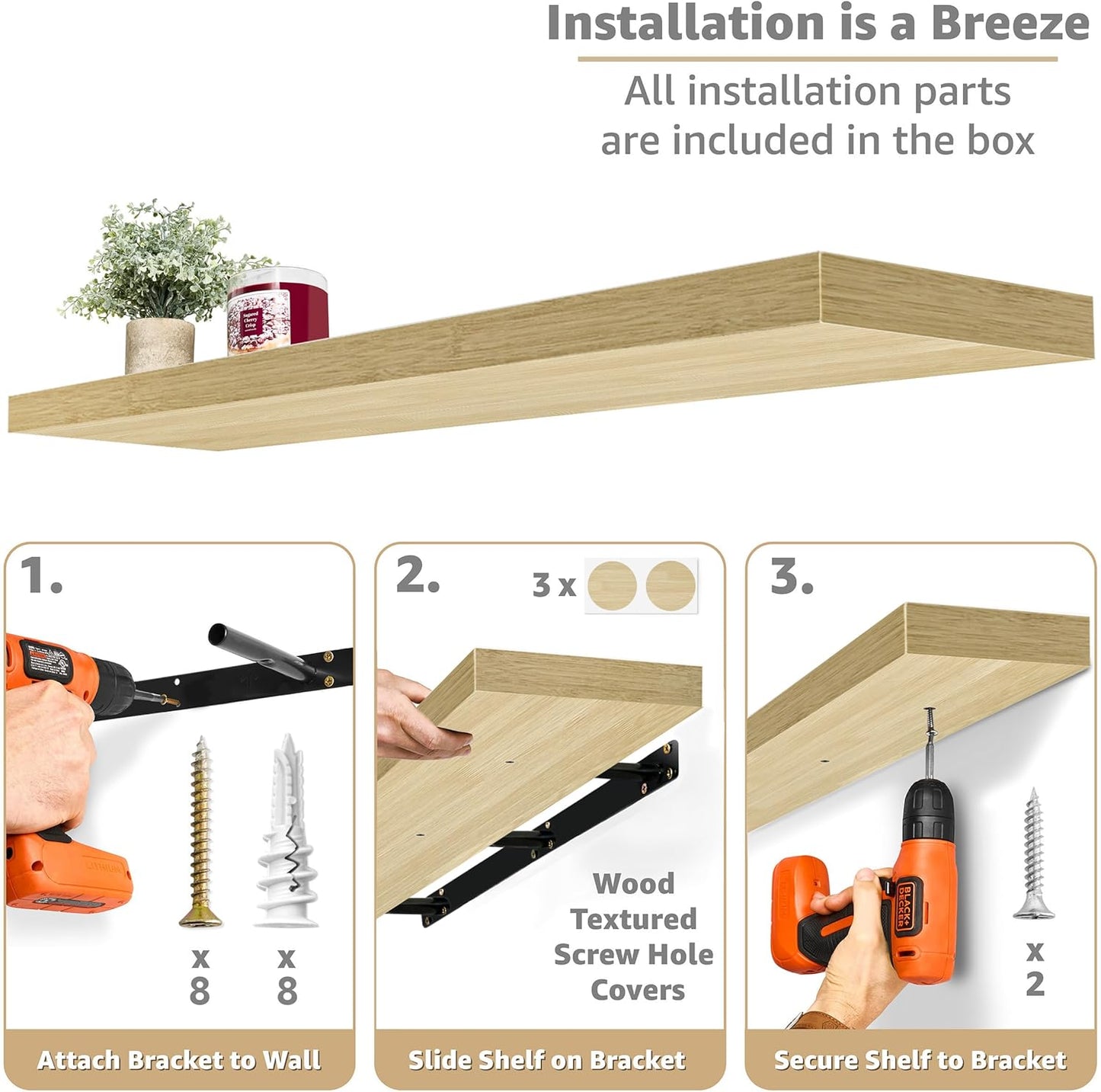 Sorbus Floating Shelves for Wall - 48 Inch Long Bathroom Shelves, Wall Decor for Bedroom, Kitchen, Living Room & Book Storage - Mounted Floating Shelf with Invisible Brackets (Maple Wood, 2 Pack)