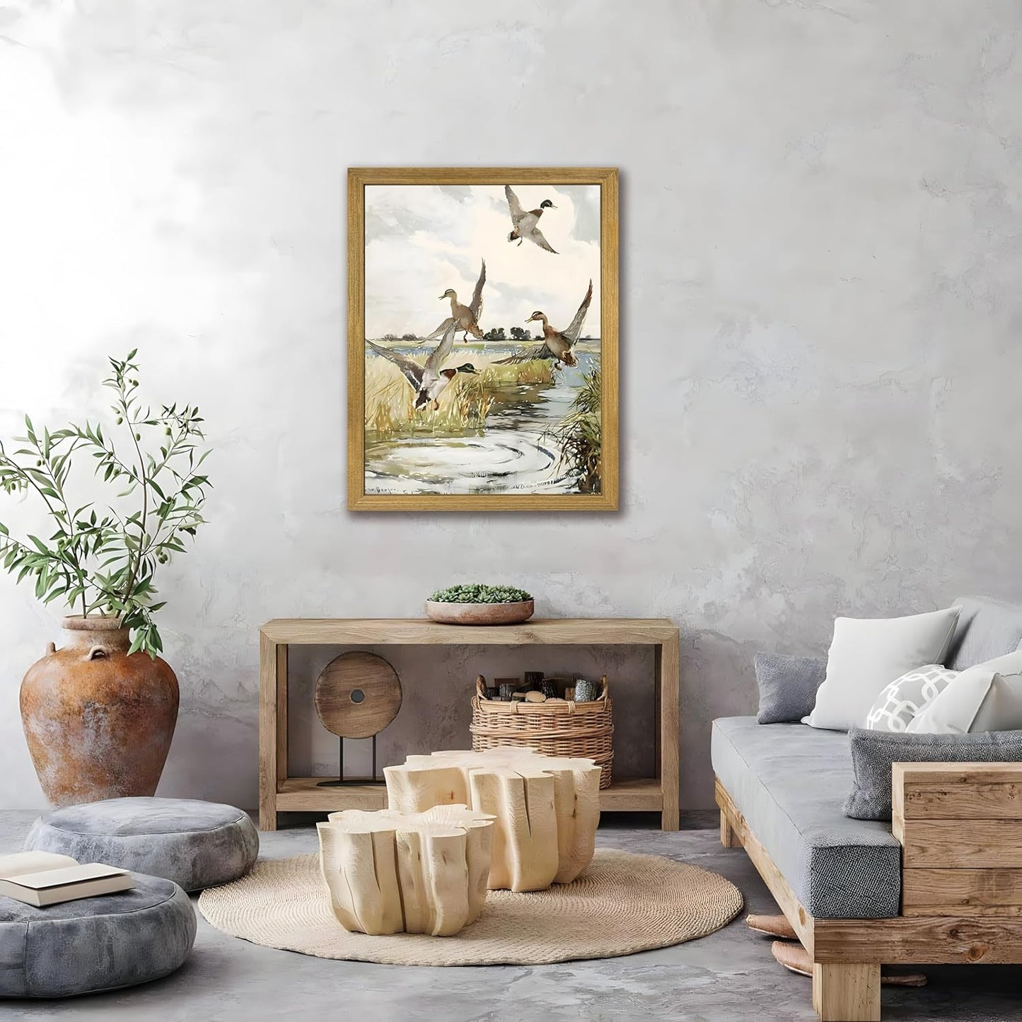 Framed Vintage Duck Wall Art Print, Rustic Mallard Watercolor Canvas Poster Wall Decor, Country Wildlife Bird Illustration for Farmhouse Living Room Kitchen Bedroom Decor 16x24 Inch