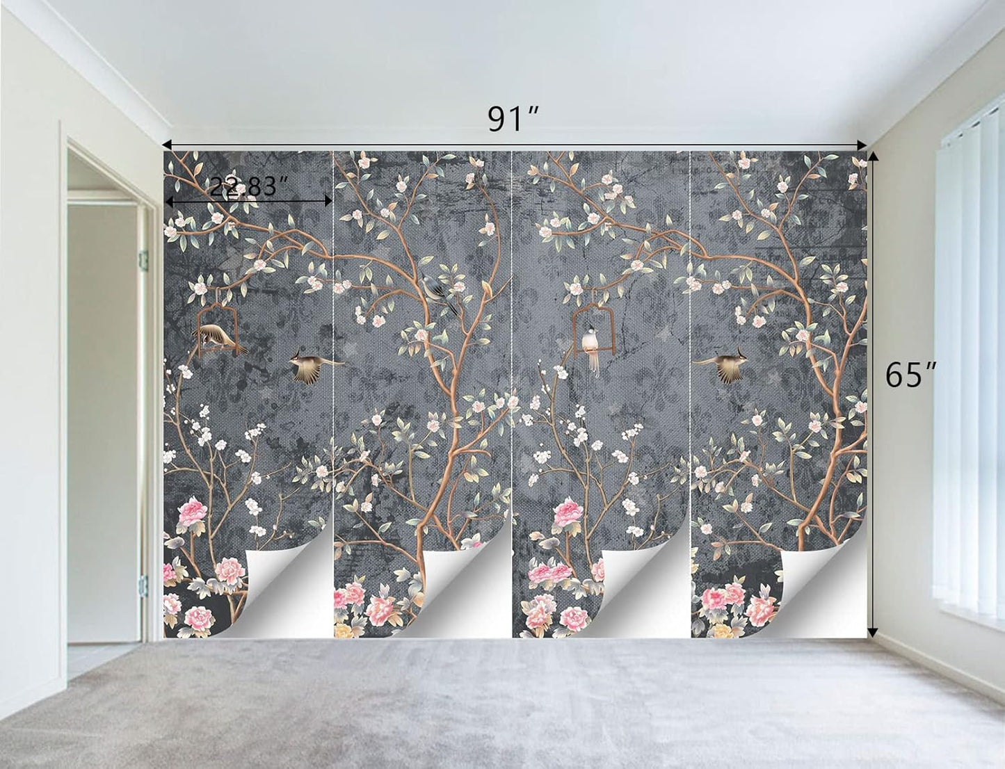 Grey Retro Floral wallpeper Living Room Bedroom Chinese Style Flower Bird Wall Mural - 91"x65"（Not Peel and Stick）
