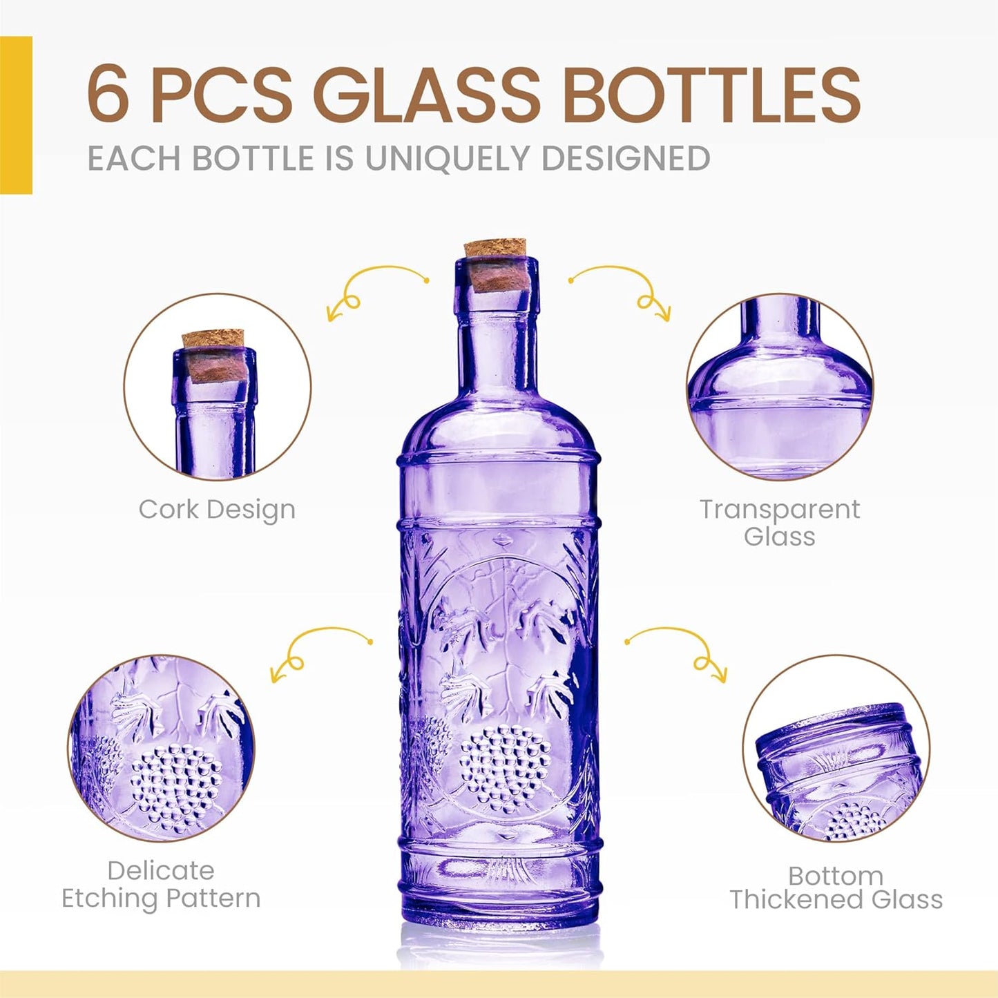 Assorted Purple Glass Bottles with Corks, 6 Pack, 2.5in X 9in, 16oz