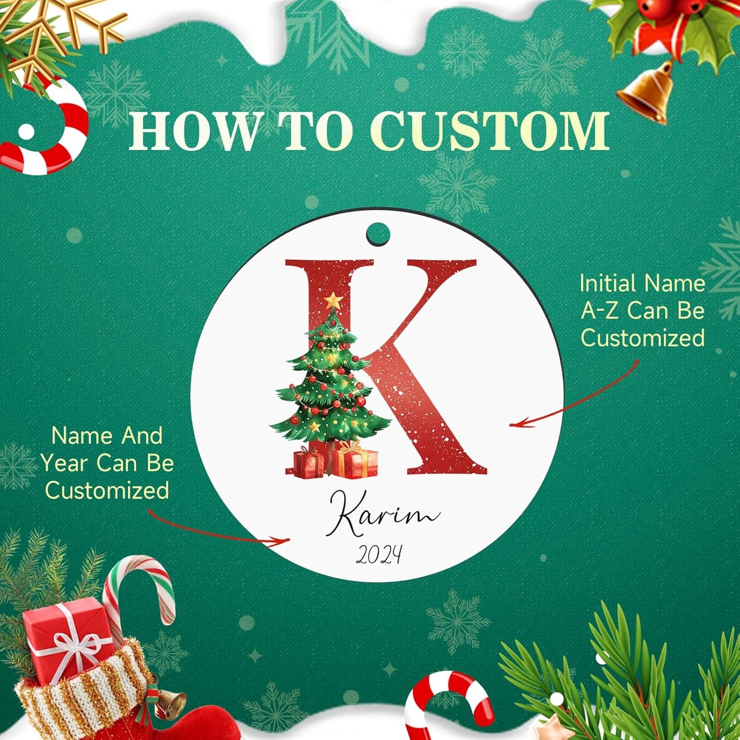 Personalized Christmas Ornaments 2025 Wood Custom Name Date Initial A-Z Monogram Christmas Ornament Personalized Ornament Christmas Xmas Tree Decorations for Kids Couples Family Friends