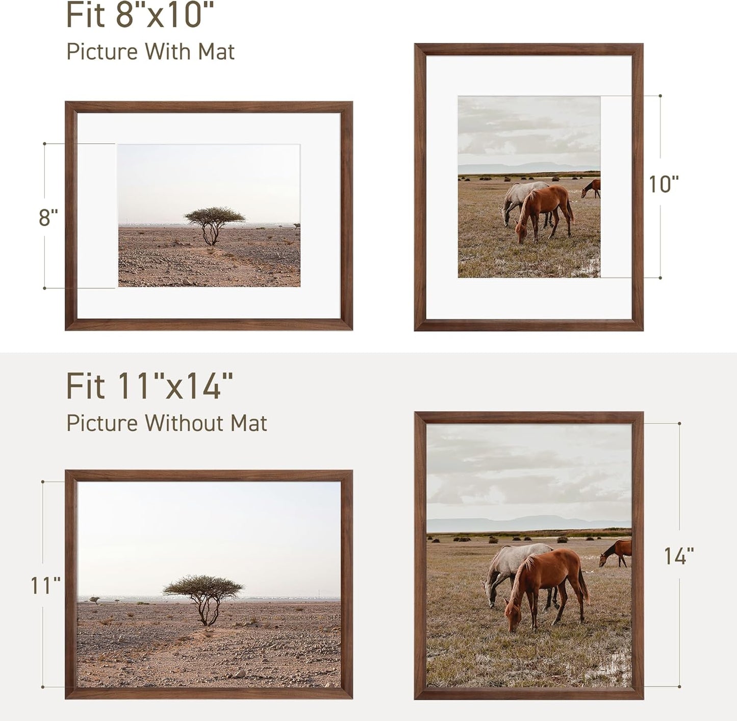 11x14 Picture Frame Set of 4 Natural Solid Walnut Photo Frames with 8x10 Removable Mat Wall Hanging Large Handcrafted Frame with HD Plexiglass Wall and Tabletop Display Large Poster Frame