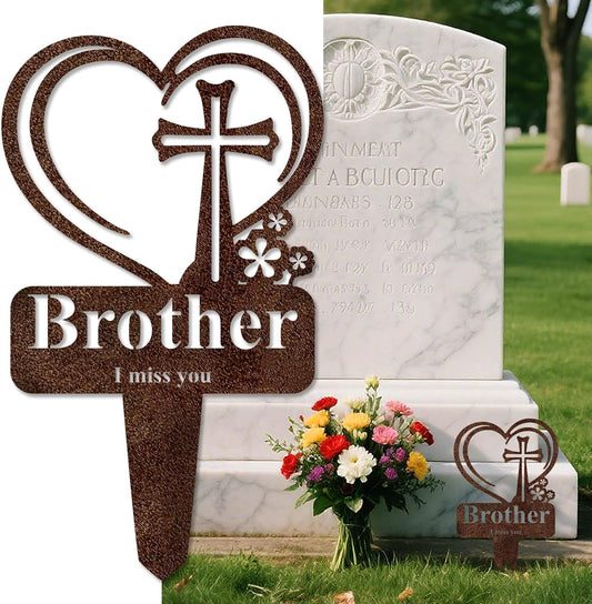 Brother Memorial Grave Stake, Cemetery Decorations for Grave Markers 12.5 x 7.2 inch Heart Metal Sympathy Stakes Graveside Plaque Decor Sign for Brother Graves, Yard, Garden - Rust-Brother