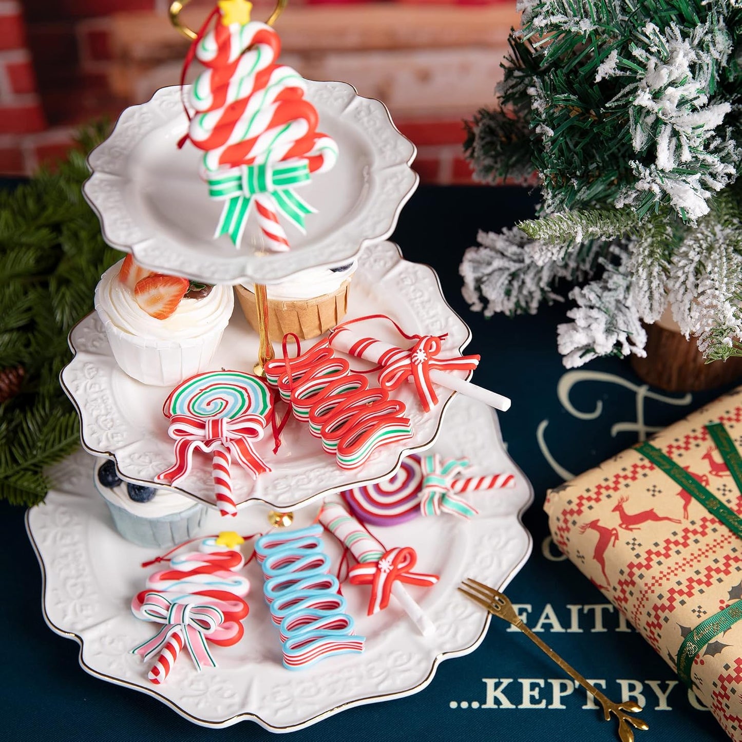 codree 8 PCS Christmas Lollipop Ornaments- Christmas Candies Polymer Clay Ornament- Xmas Decor Candy Cane Hanging Decorations for Xmas Tree Party Supplies