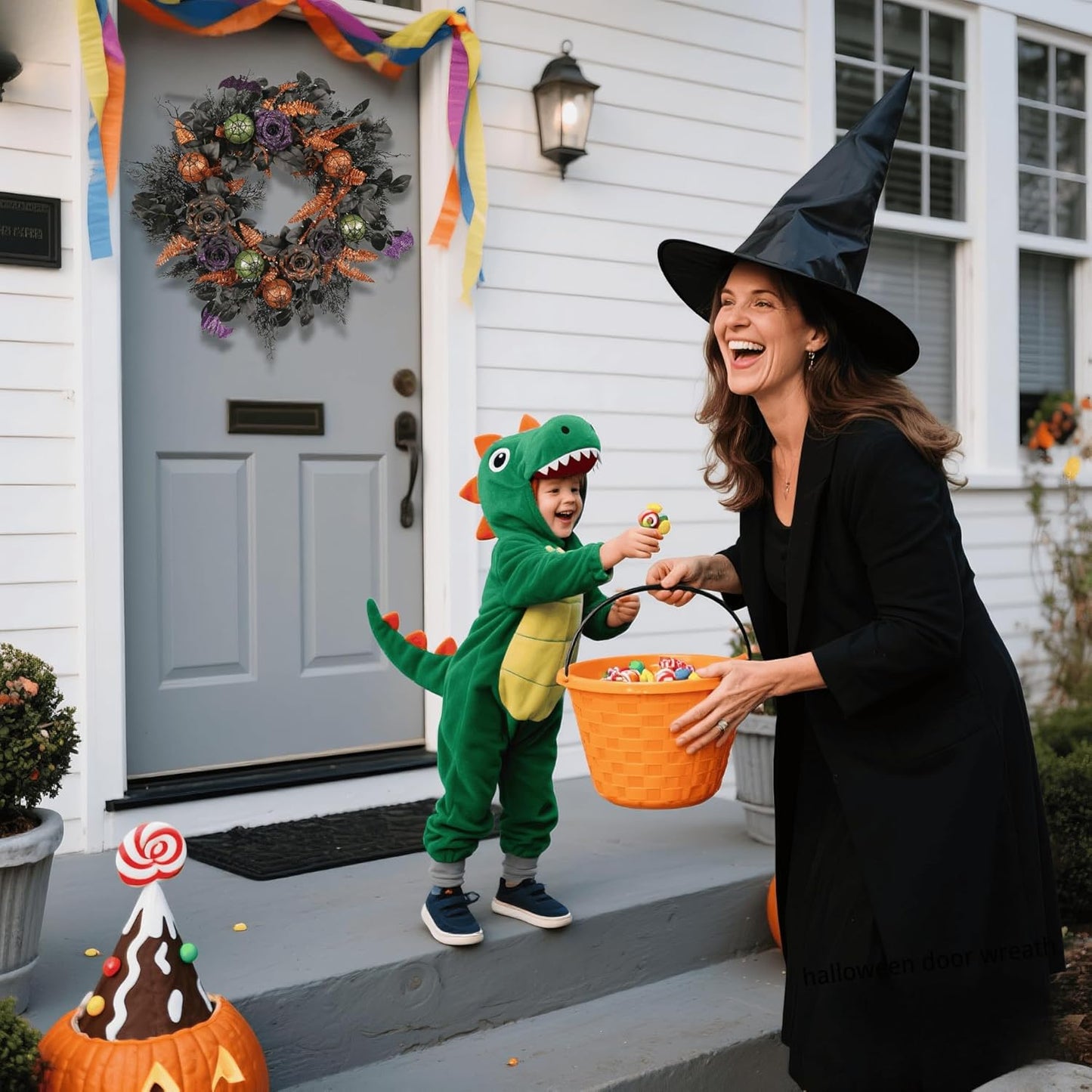 22 Inch Halloween Wreath for Front Door, Spooky Black & Purple Glitter Rose Wreath with Bats & Ornaments, Outdoor Halloween Decorations