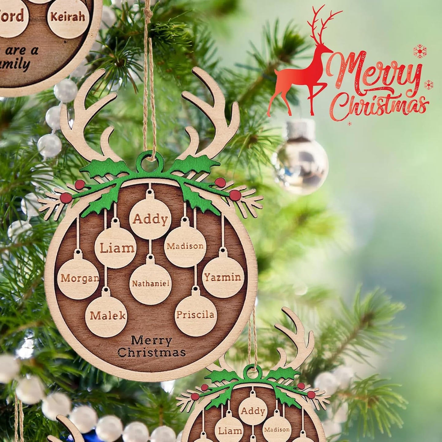 Personalized Christmas Ornaments 2025 with Family Names Custom Wooden Ornaments for Christmas Tree Personalized Ornament Gifts (1-10 Names)