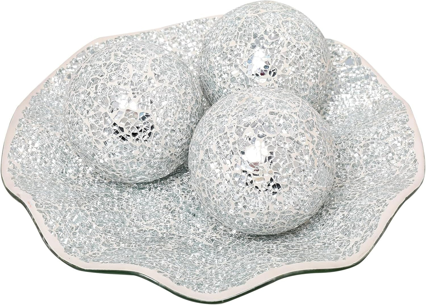 VCUTEKA Decorative Balls and Glass Bowl, 4 Inch Mosaic Sphere Balls Centerpiece Balls for Coffee Table, Home Decor, Wedding Party Decor, Silver Bowl
