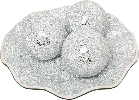 VCUTEKA Decorative Balls and Glass Bowl, 4 Inch Mosaic Sphere Balls Centerpiece Balls for Coffee Table, Home Decor, Wedding Party Decor, Silver Bowl
