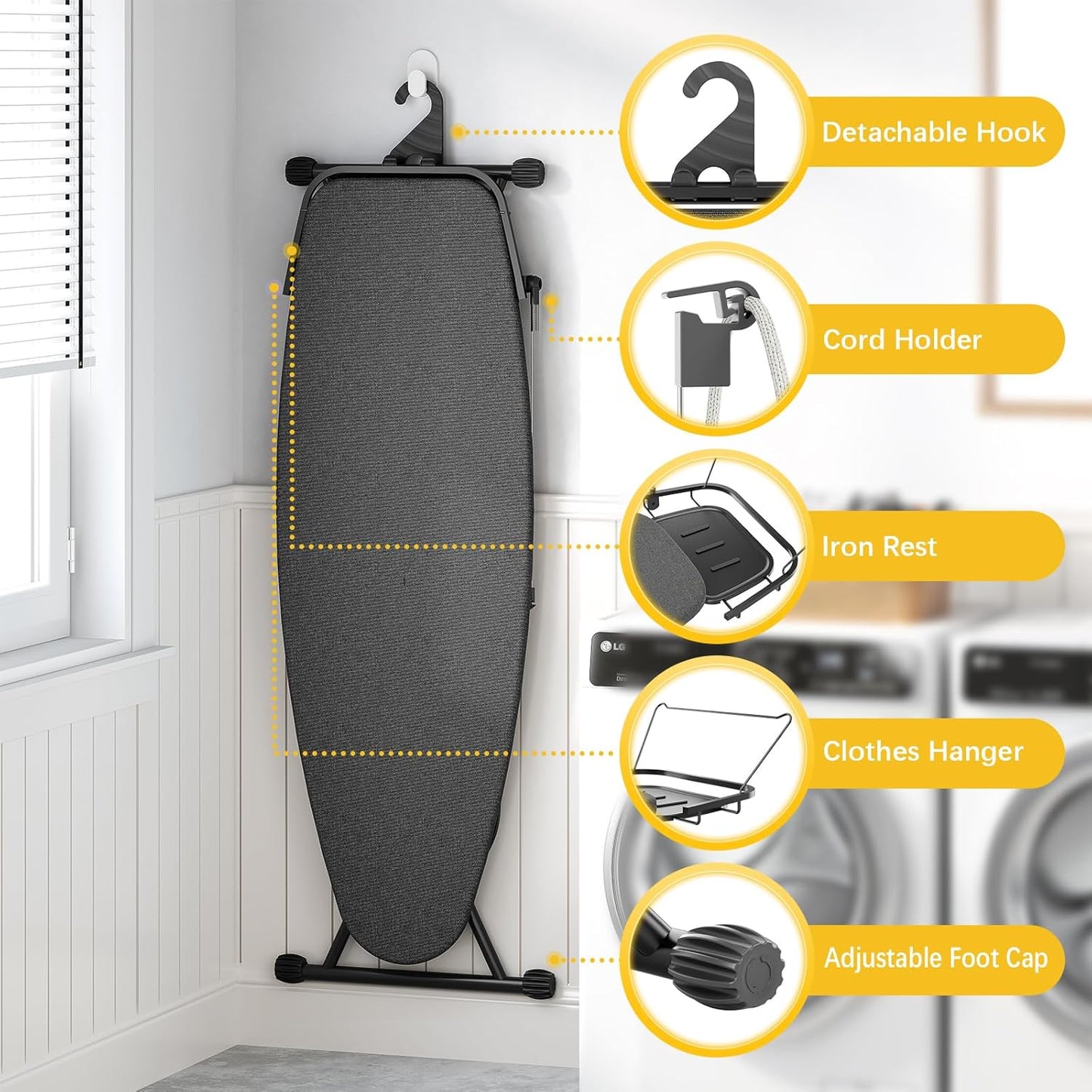 Full Size Ironing Board, 18x51 Iron Board with Metal Panel Stretchable Iron Rest, Adjustable Height Heavy Duty Heat & Scorch Resistant Cover Ironing Board, for Home, Laundry, Black