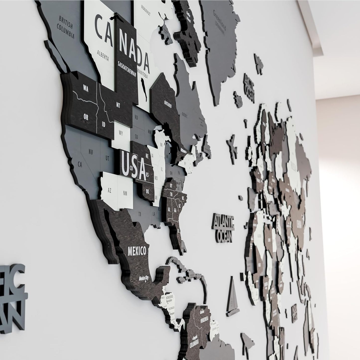 Colorfull Worlds 3D Wooden World Map Wall Art | Unique Wall Decor with Pins for Travel Enthusiasts | Home and Office Wall Décor | Grey | XLarge